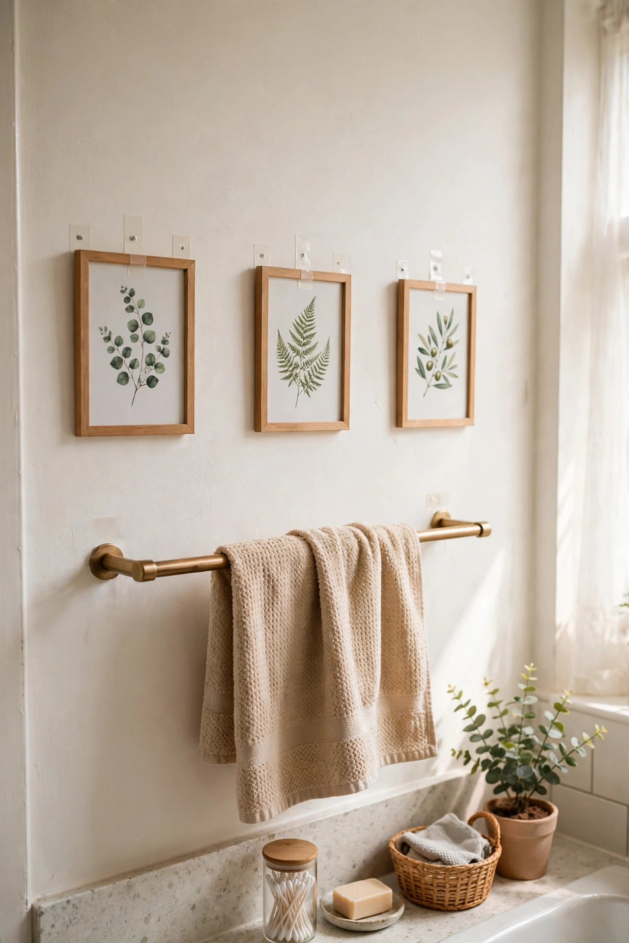 Small framed prints hung with adhesive strips above a bathroom towel rail