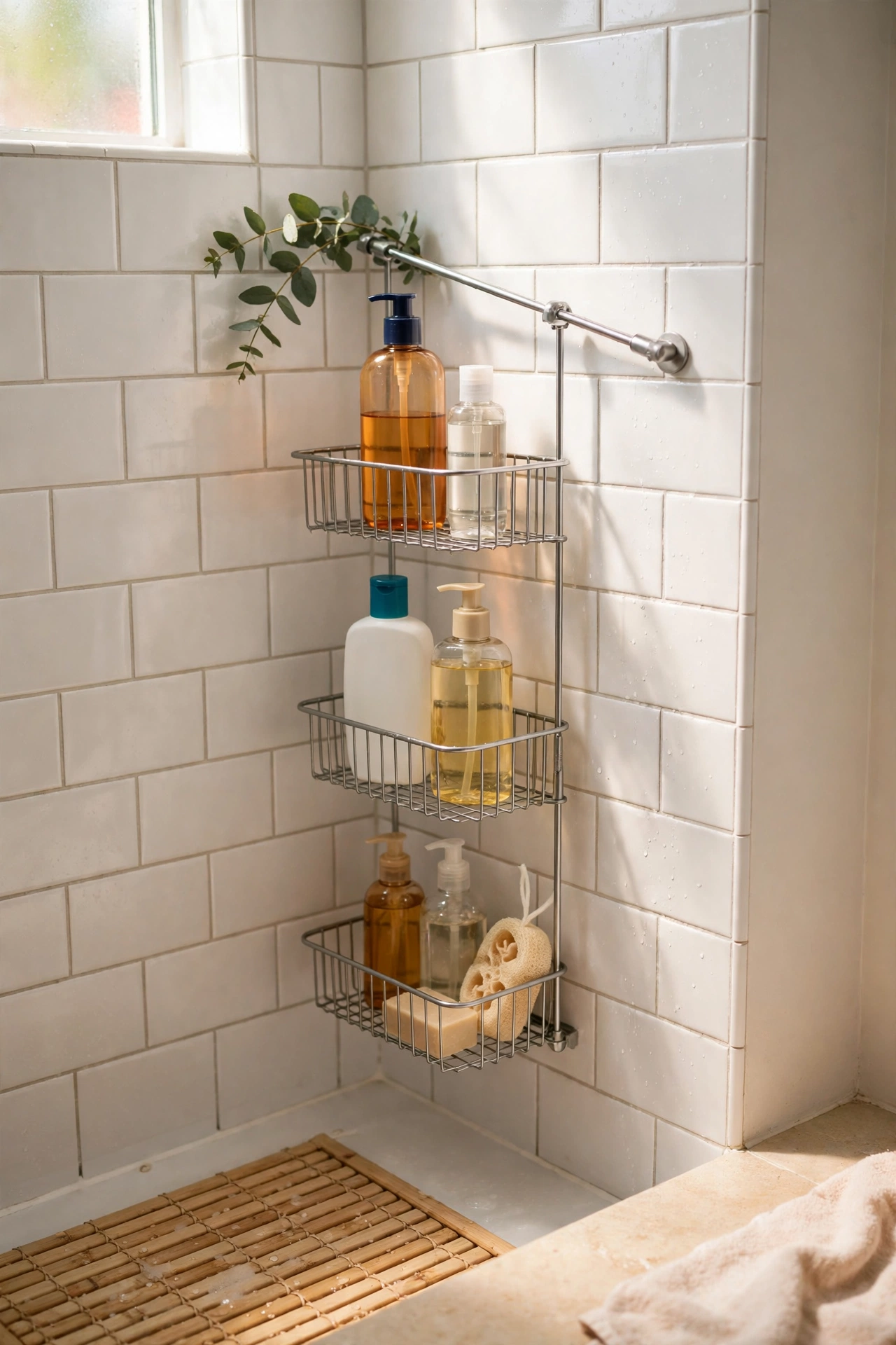 Tension-rod shower caddy with baskets in a tiled shower corner