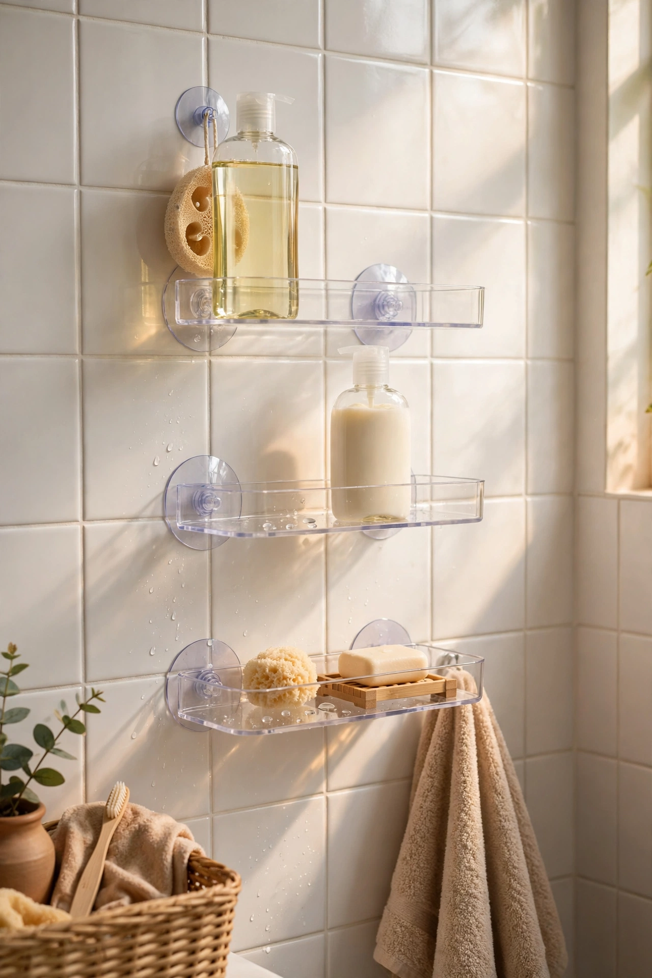 Suction cup shelves holding shampoo bottles on smooth shower tiles