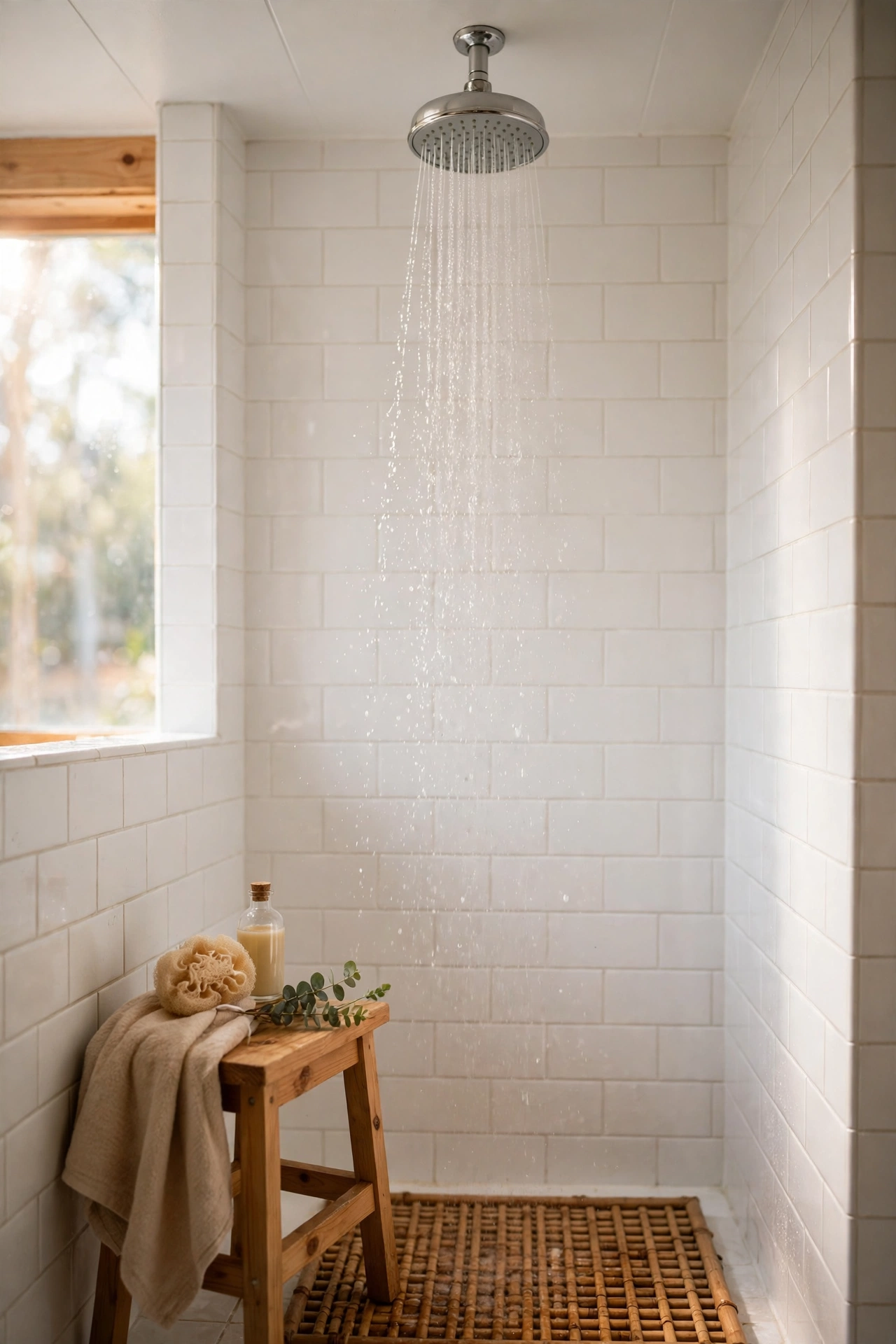Rainfall showerhead spraying water in a bright rental bathroom shower