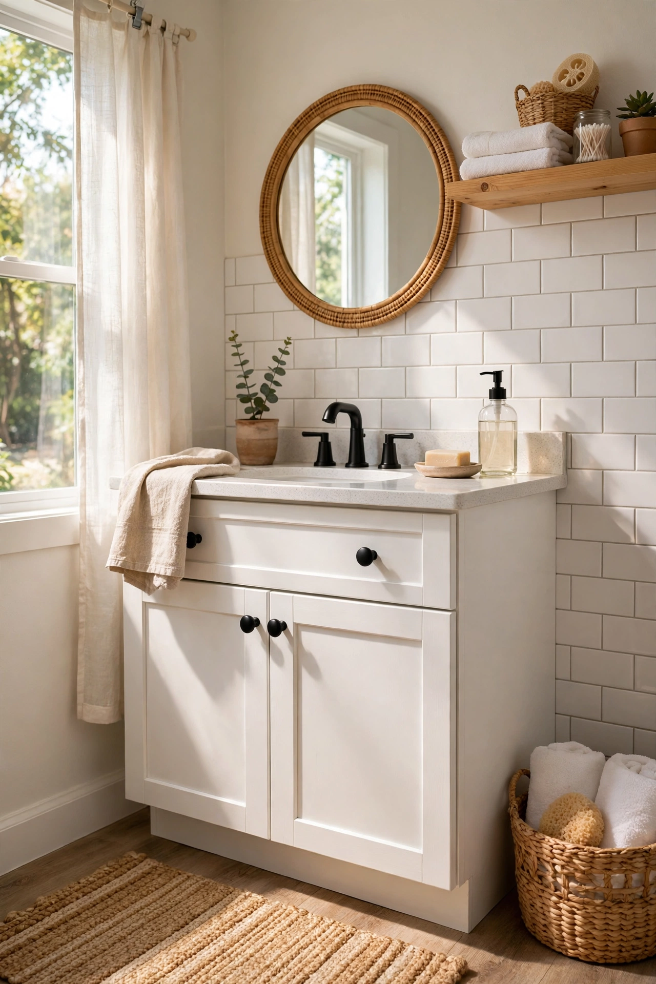 New matte black knobs on a white bathroom vanity cabinet