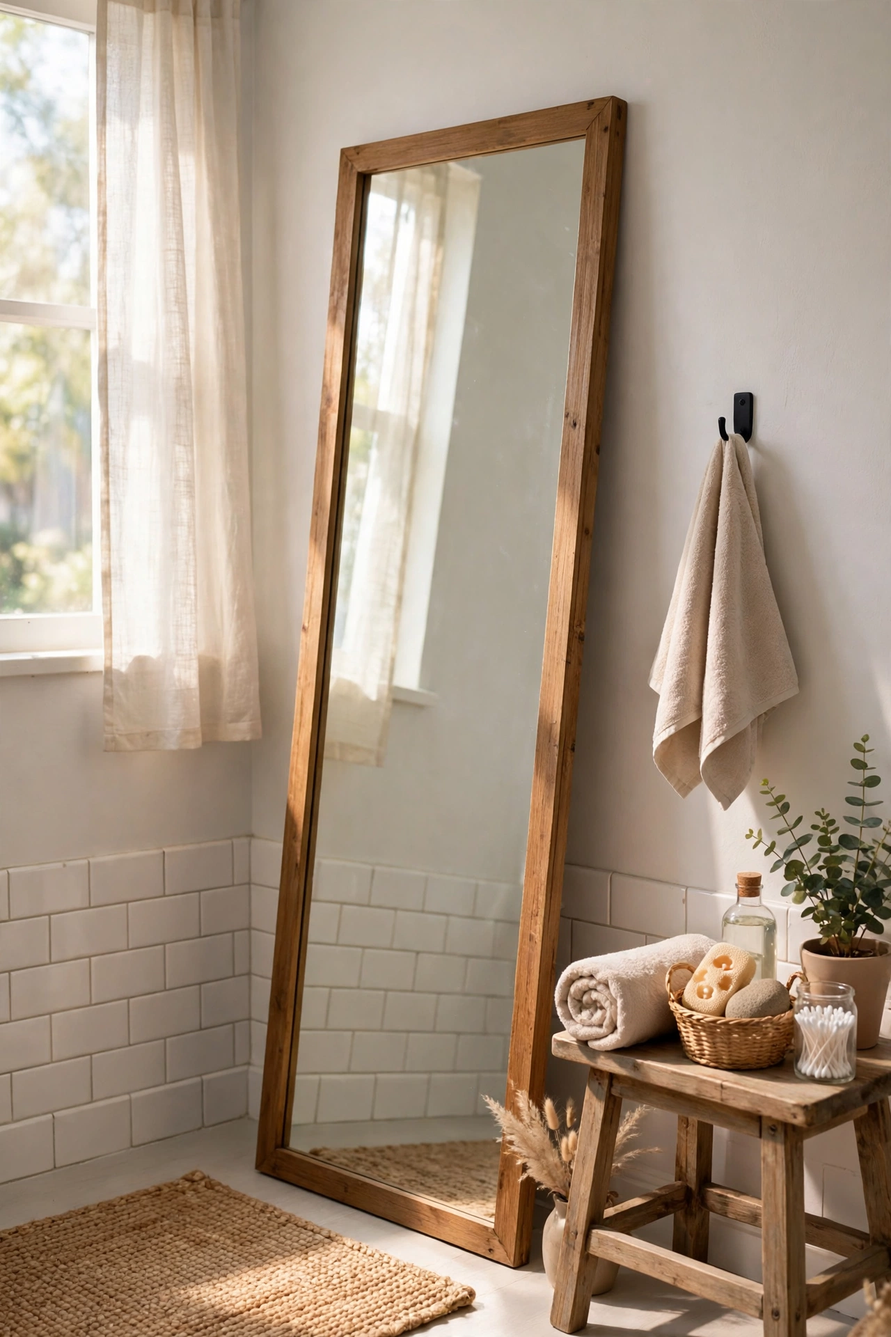 Full-length mirror leaning against a bathroom wall reflecting light