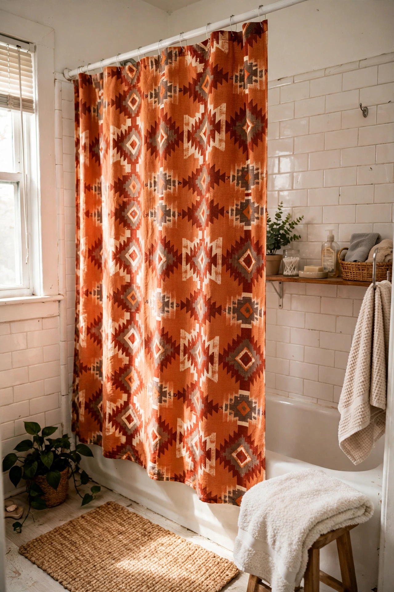 Bold patterned fabric shower curtain on a tension rod in a rental bathroom