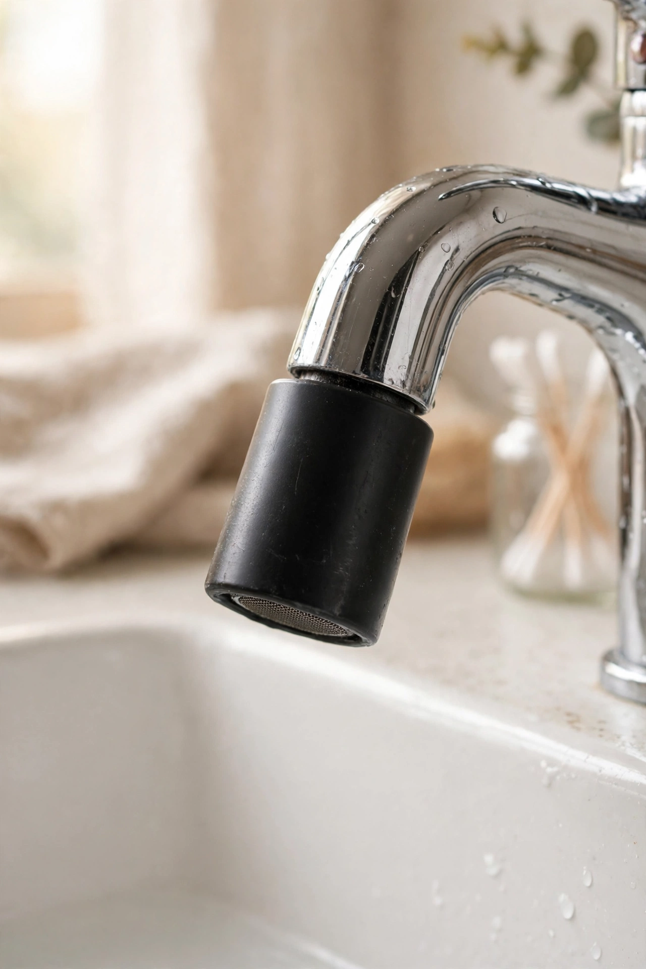Matte black faucet aerator screwed onto a chrome bathroom tap