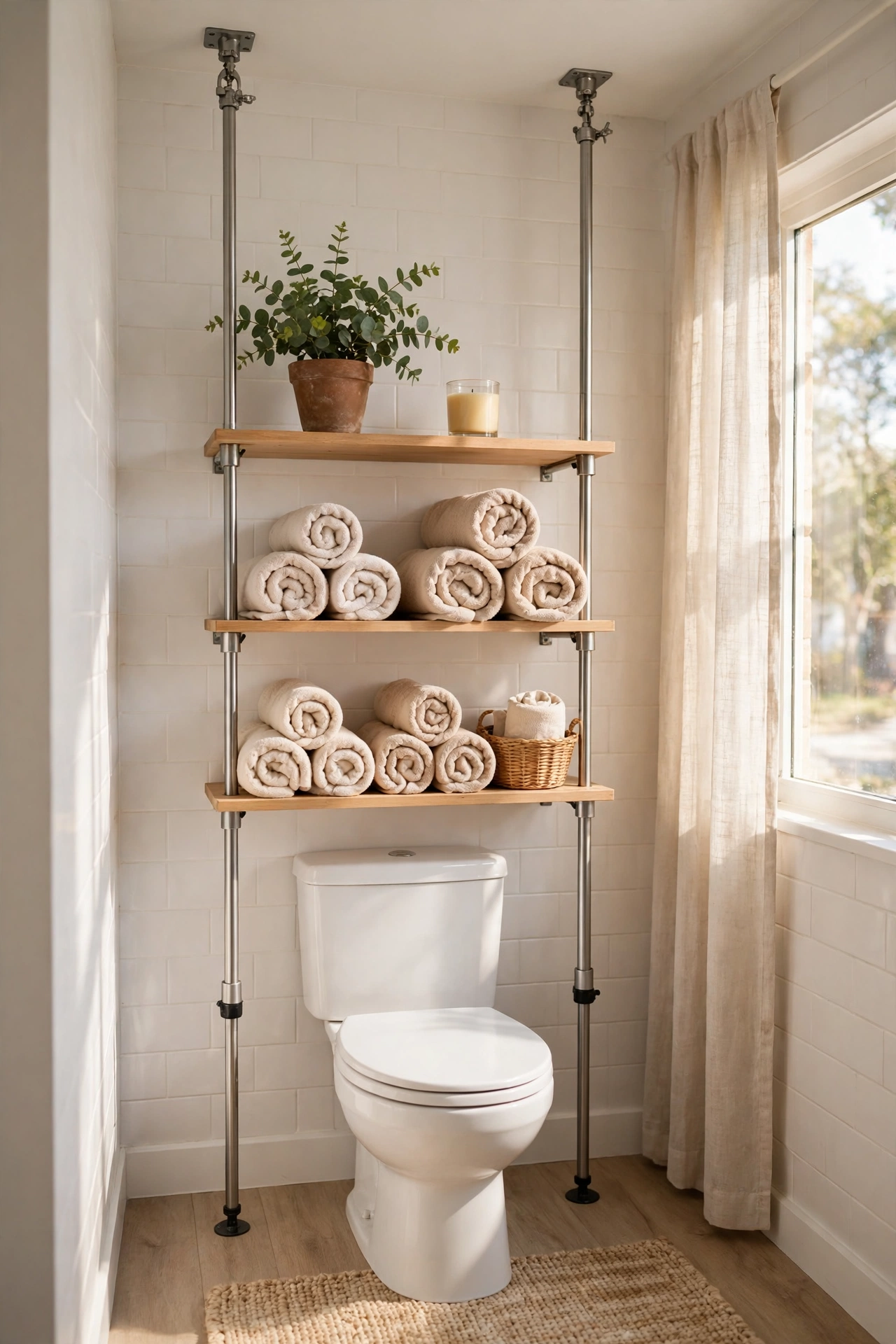 Tension-pole shelving unit over a toilet holding towels plant and candle