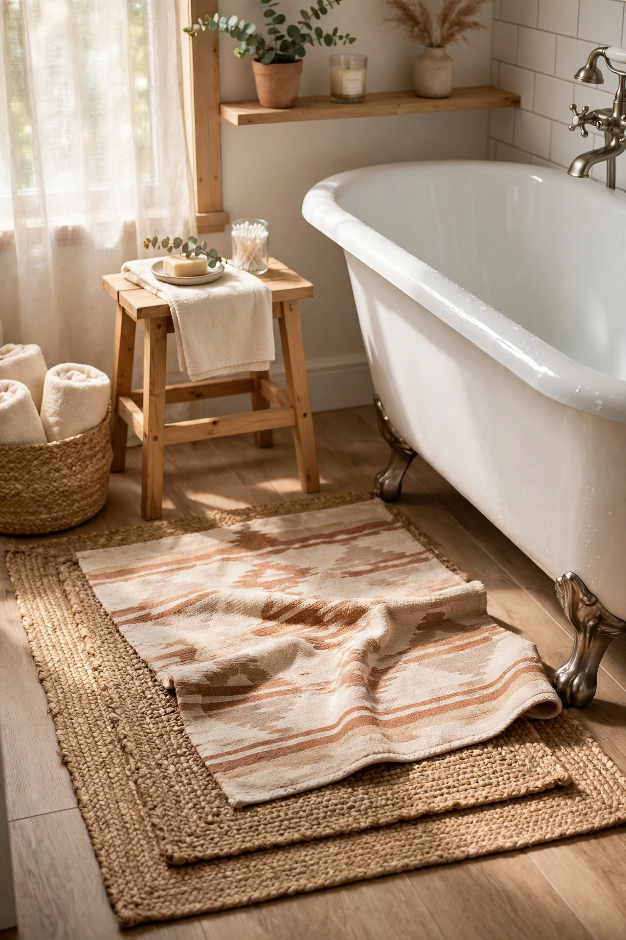 Layered washable rugs on a bathroom floor beside a bathtub