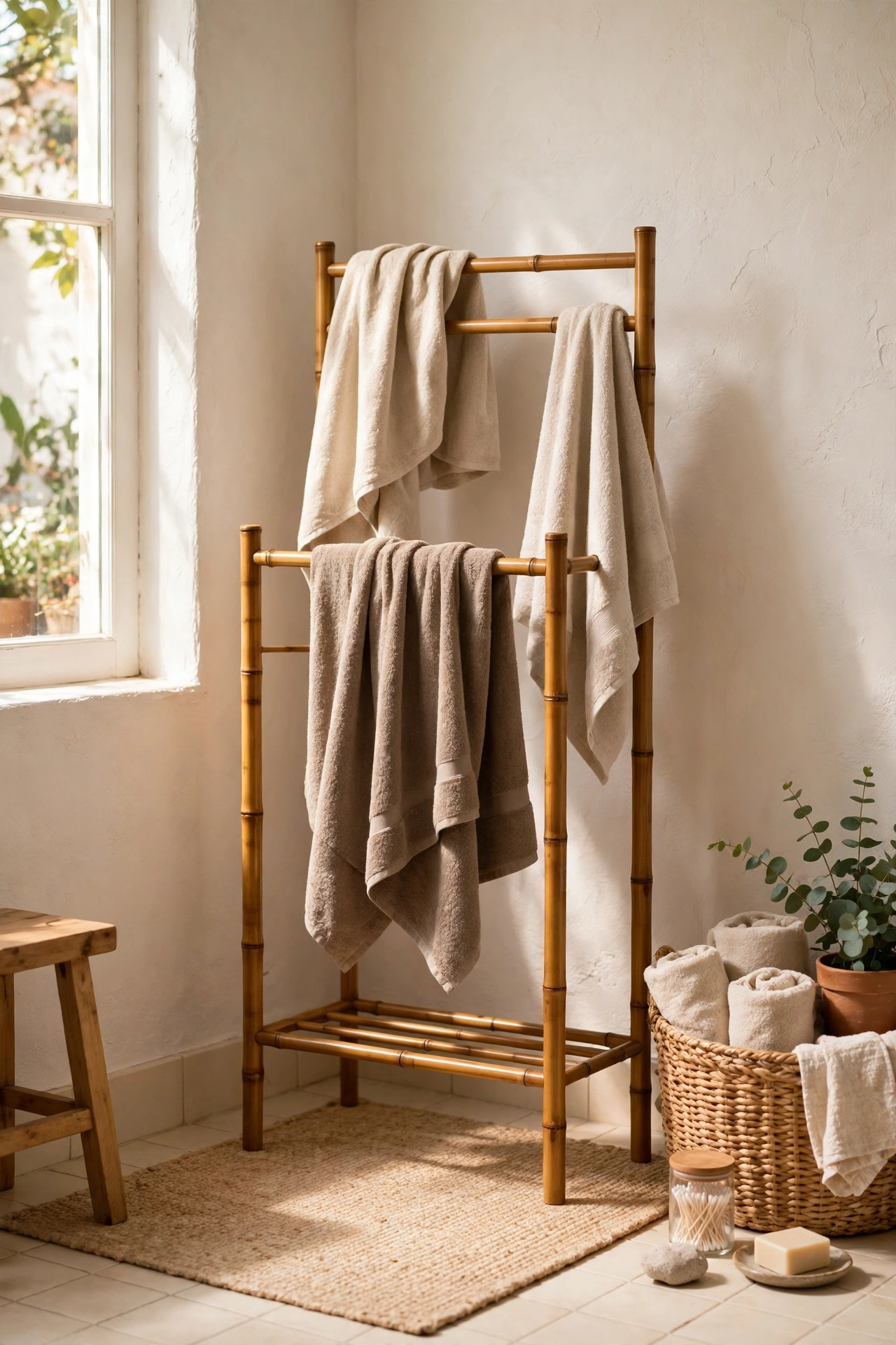 Freestanding bamboo towel rack standing in a bathroom corner
