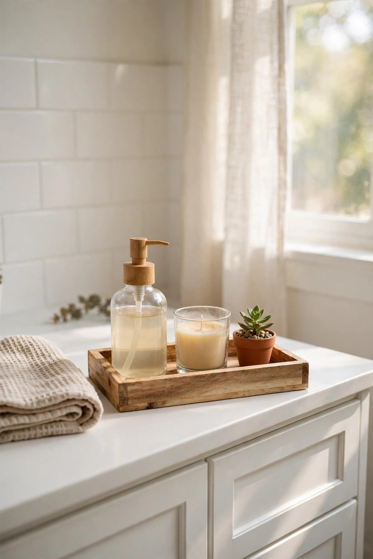 Wooden tray on a bathroom vanity holding soap dispenser candle and plant