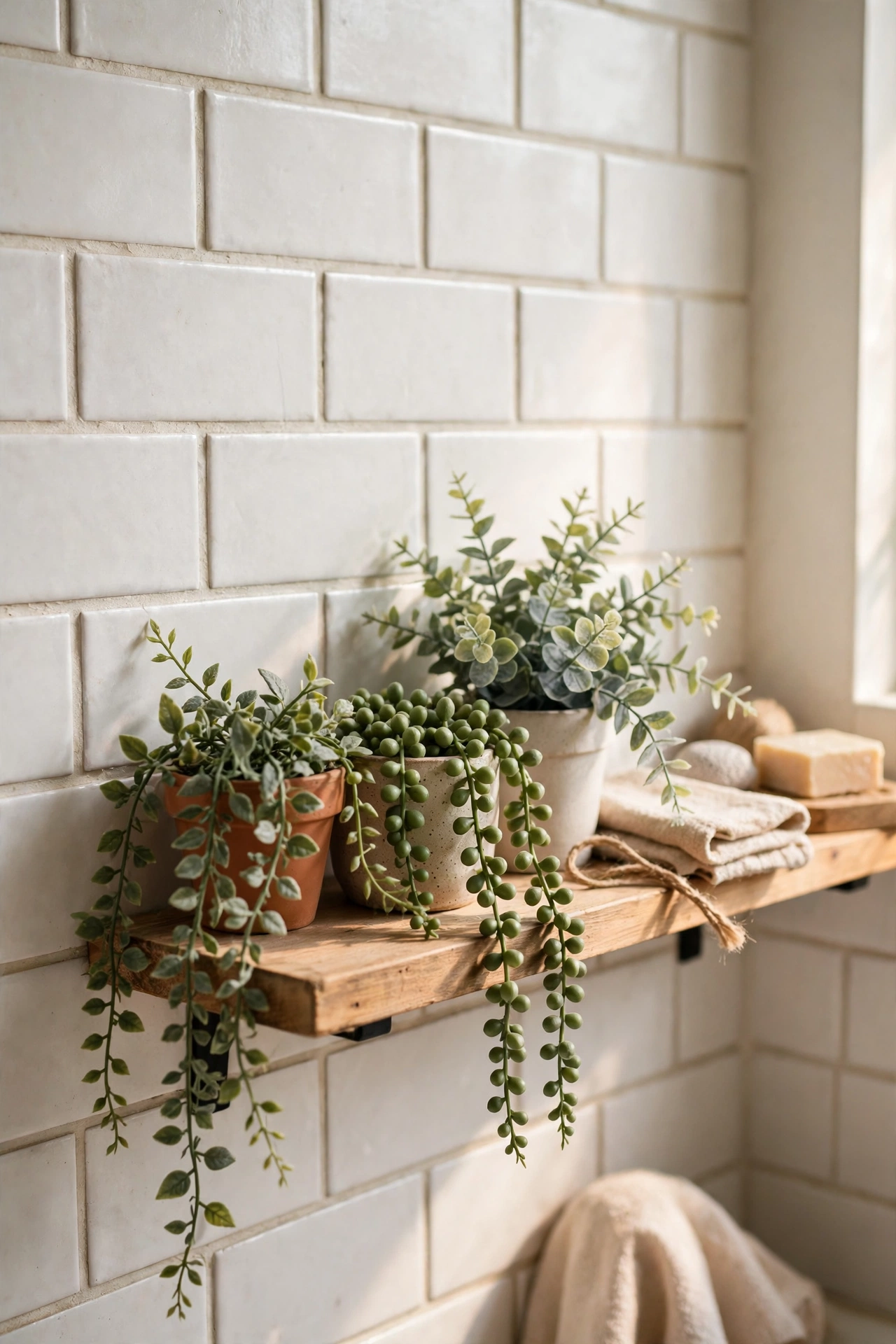 Small faux plants clustered on a bathroom shelf in a windowless bathroom