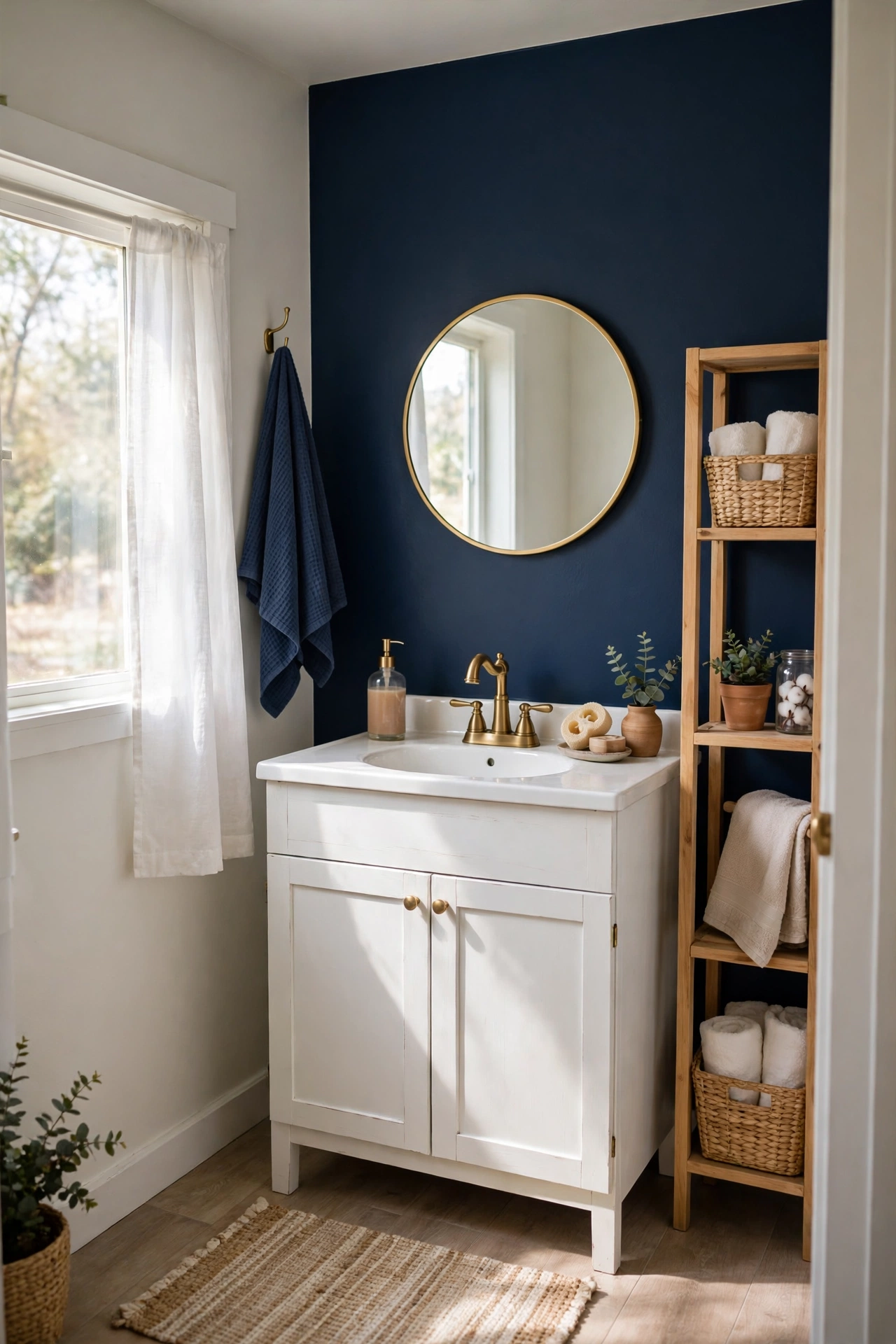 Bathroom with one deep navy accent wall behind a white vanity and mirror