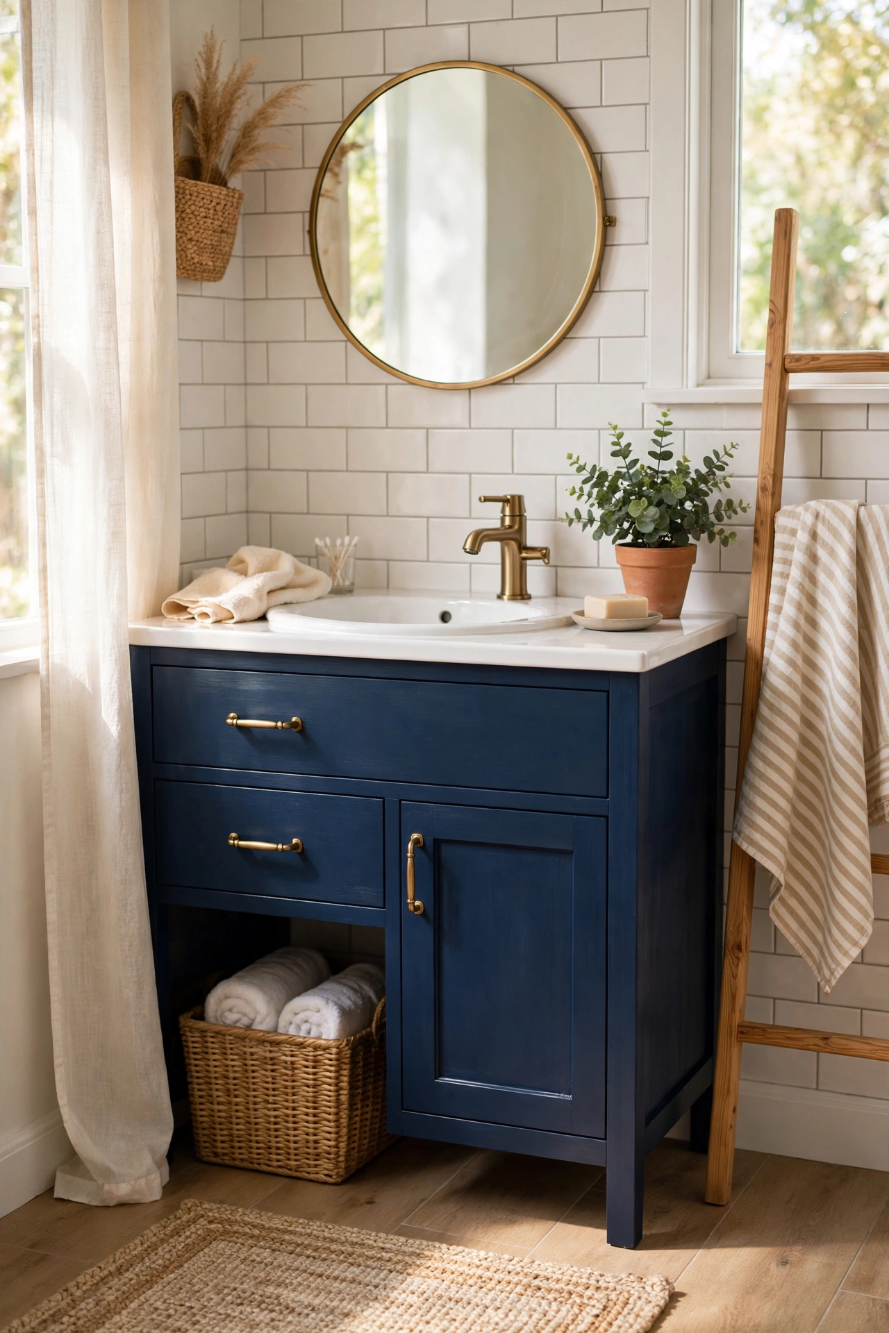 Wooden bathroom vanity repainted in deep navy blue with brass pulls