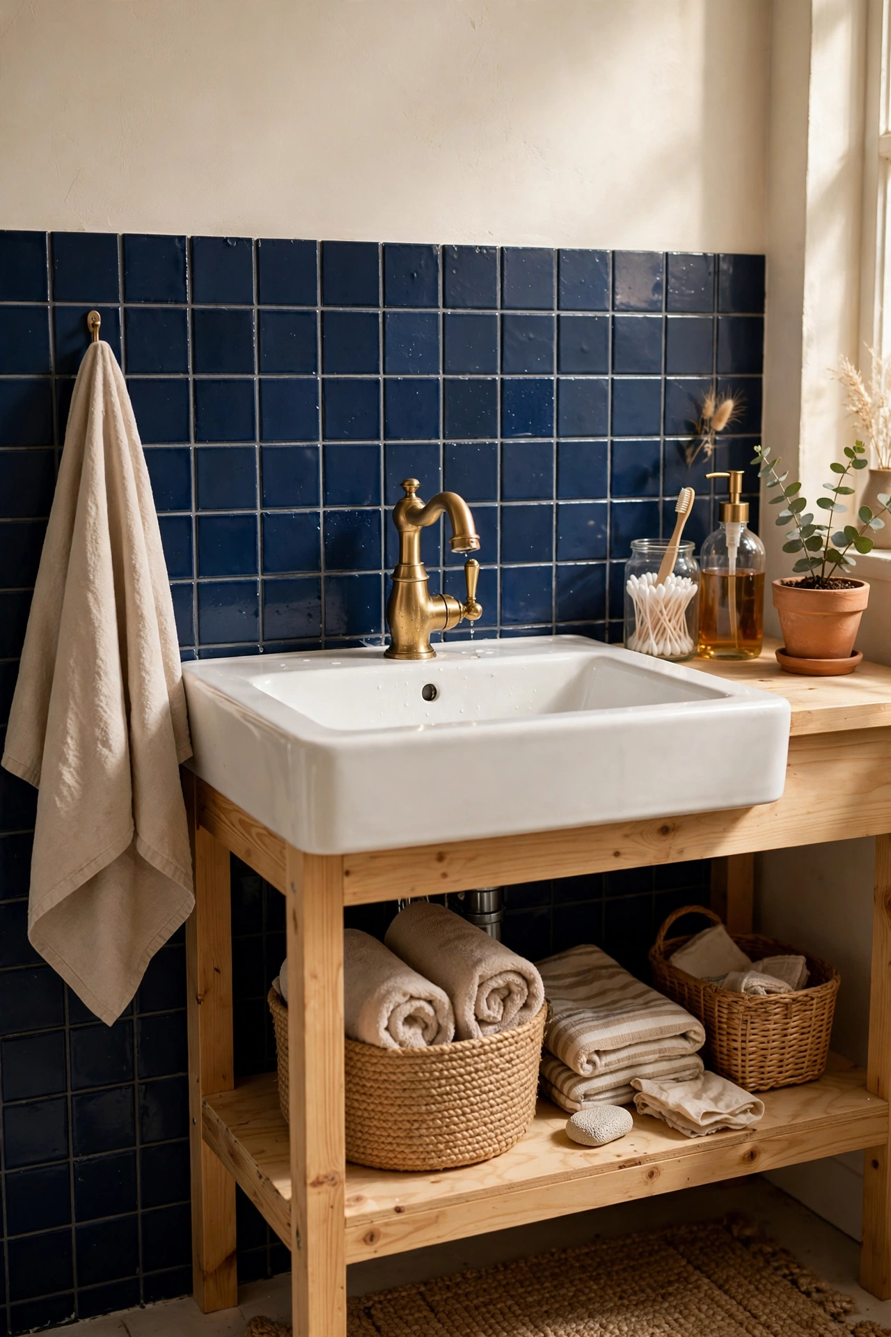 Navy peel-and-stick tiles as a splashback behind a bathroom sink