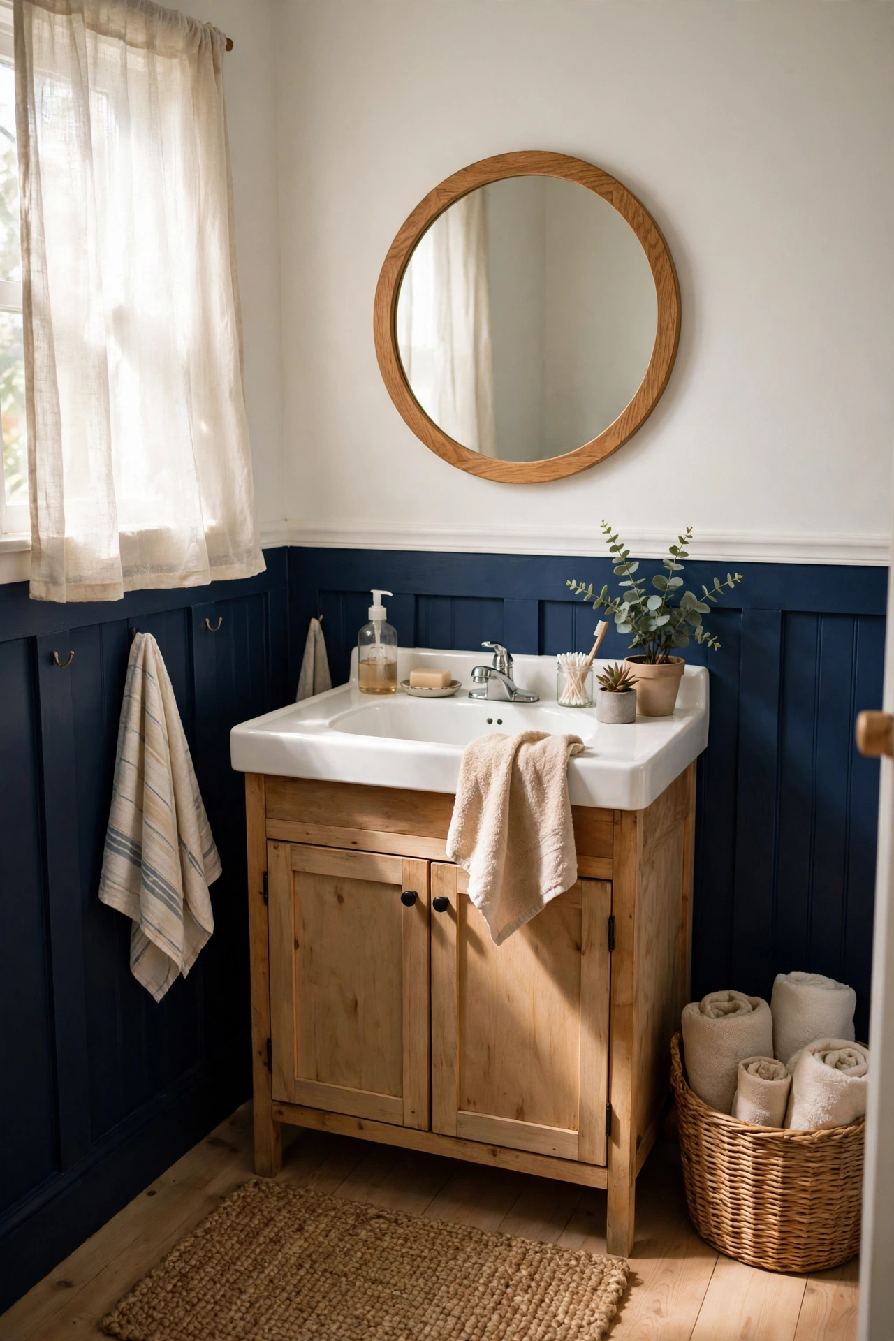 Bathroom wall split with navy paint below and crisp white above