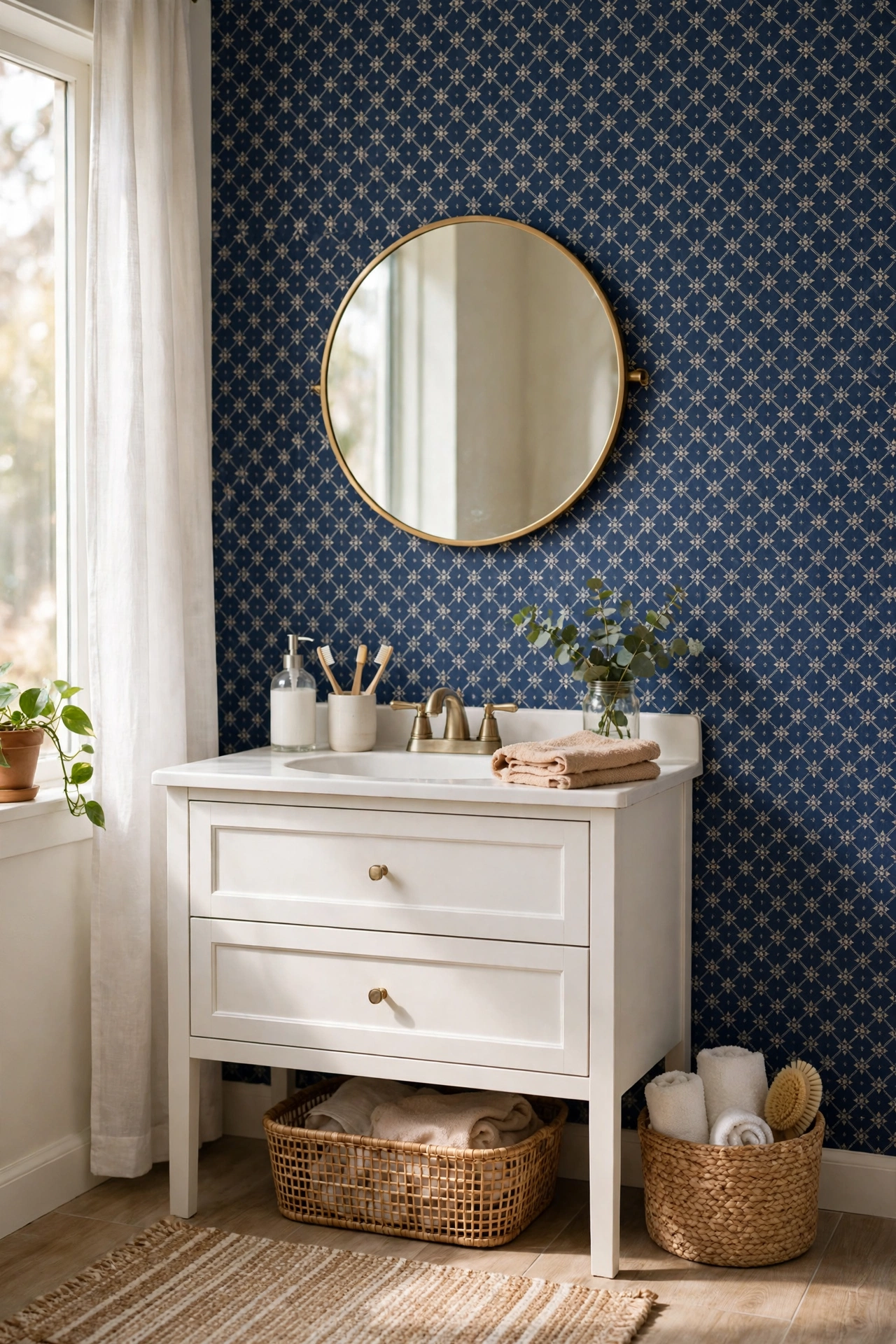 Navy patterned removable wallpaper panel behind a bathroom mirror
