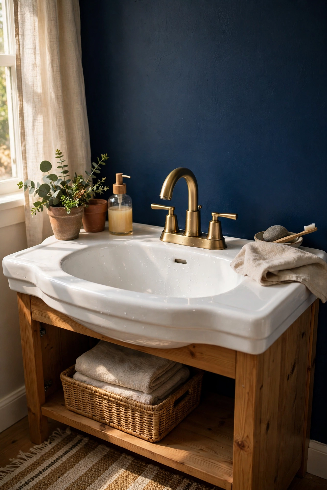 Brushed brass faucet on a white sink against a navy bathroom wall
