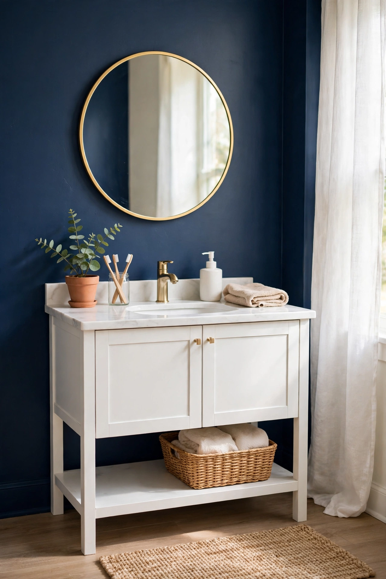 Round mirror with slim gold frame above a vanity in a navy bathroom