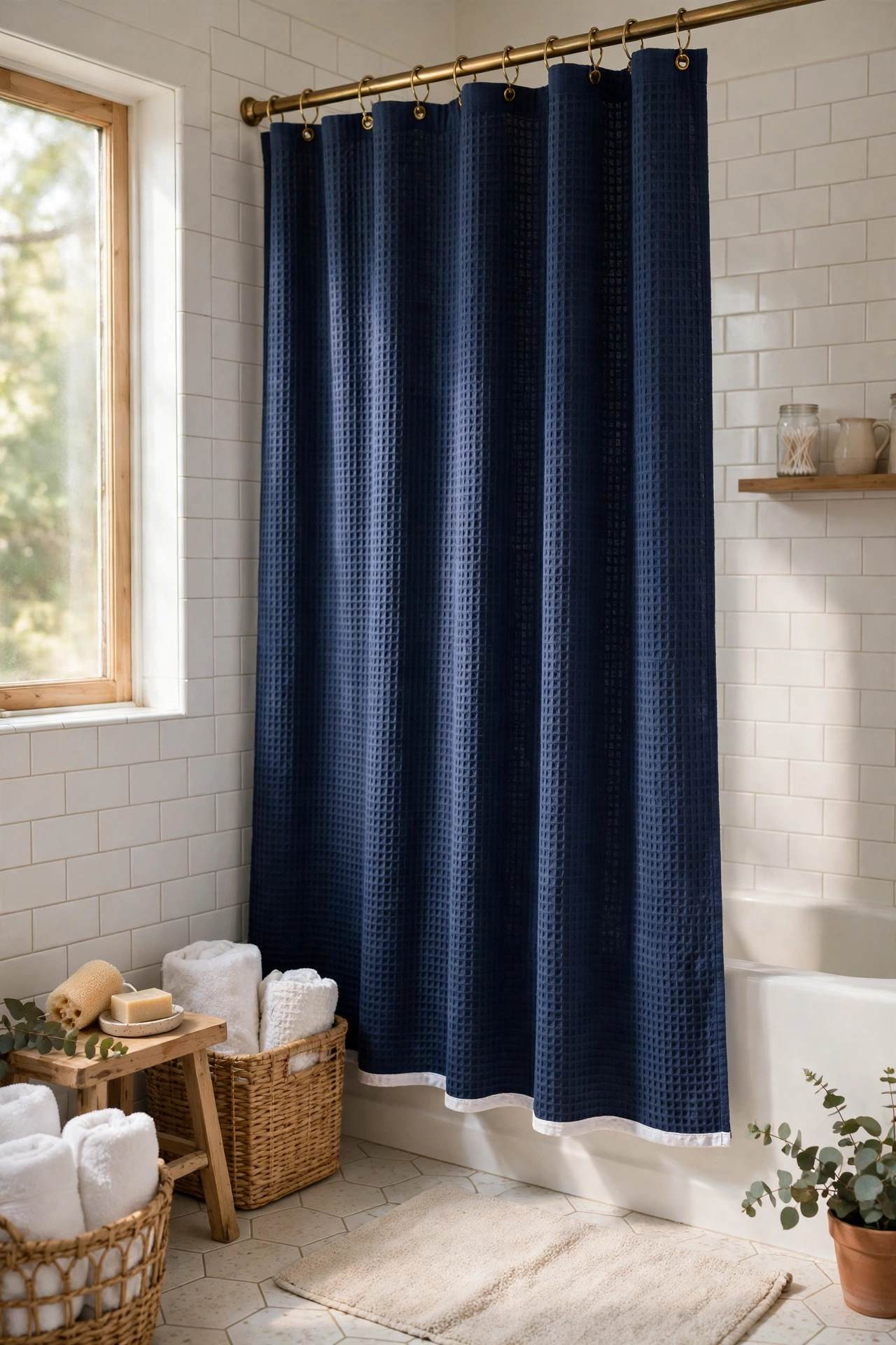 Navy waffle-weave shower curtain with white hem and brass rings