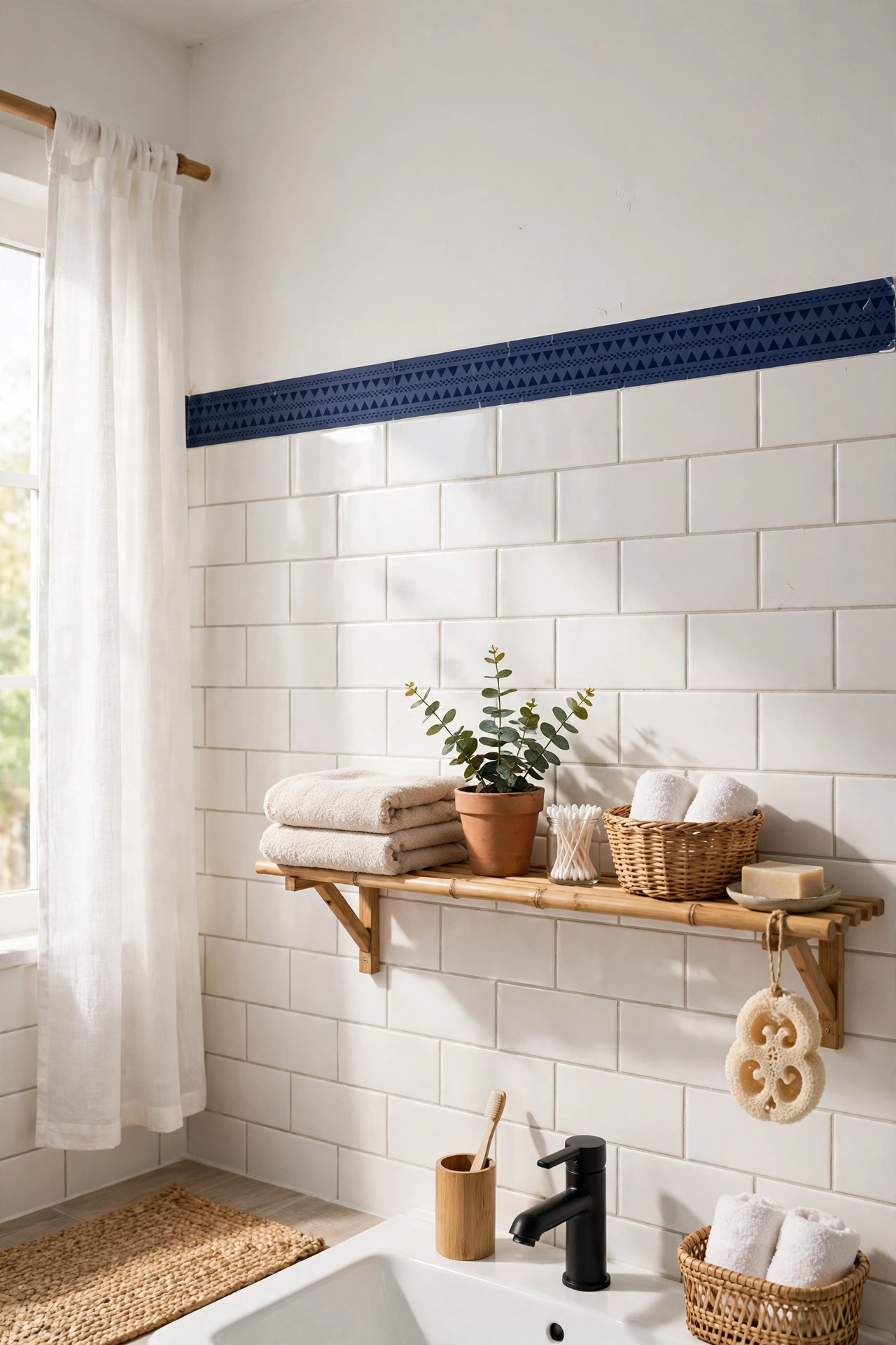 Navy tile border sticker running along the top of white bathroom tiles