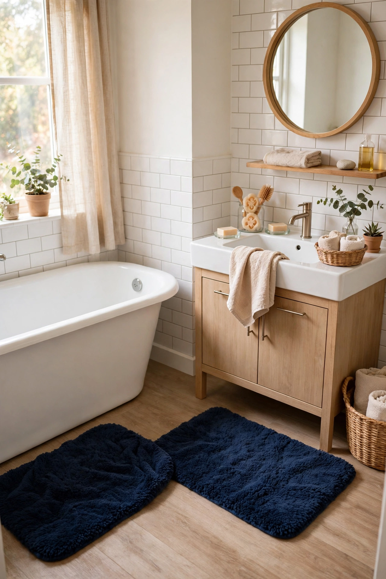 Navy bath mat set beside a white bathtub and sink