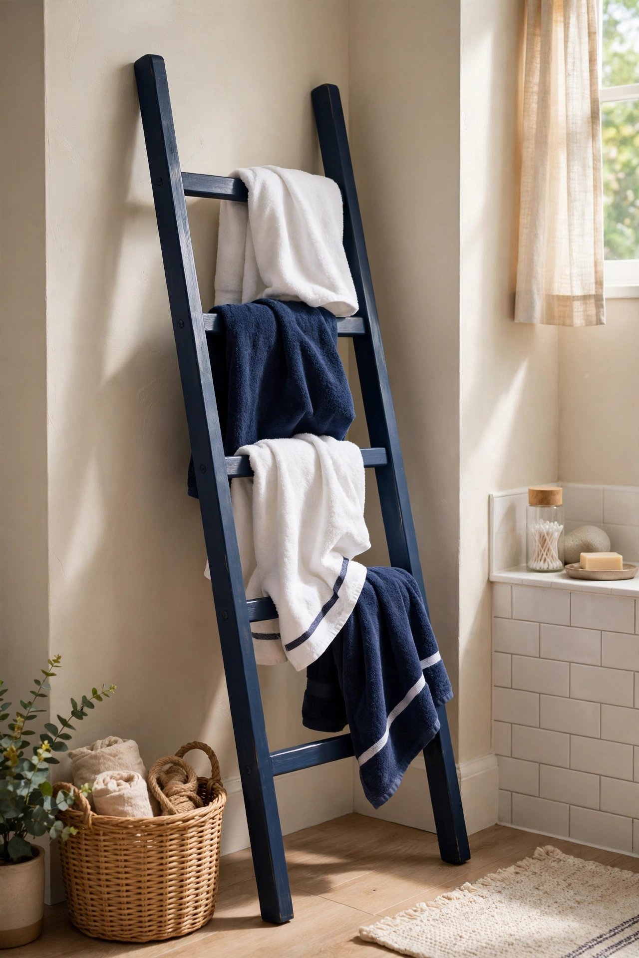 Navy painted towel ladder in a bathroom corner with white towels