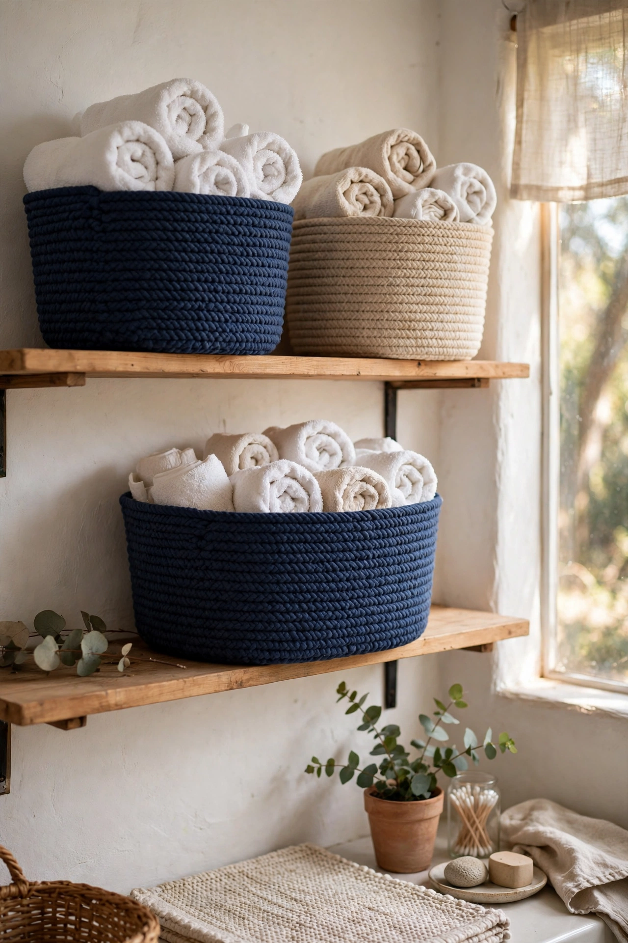 Navy and natural rope baskets filled with towels on a bathroom shelf