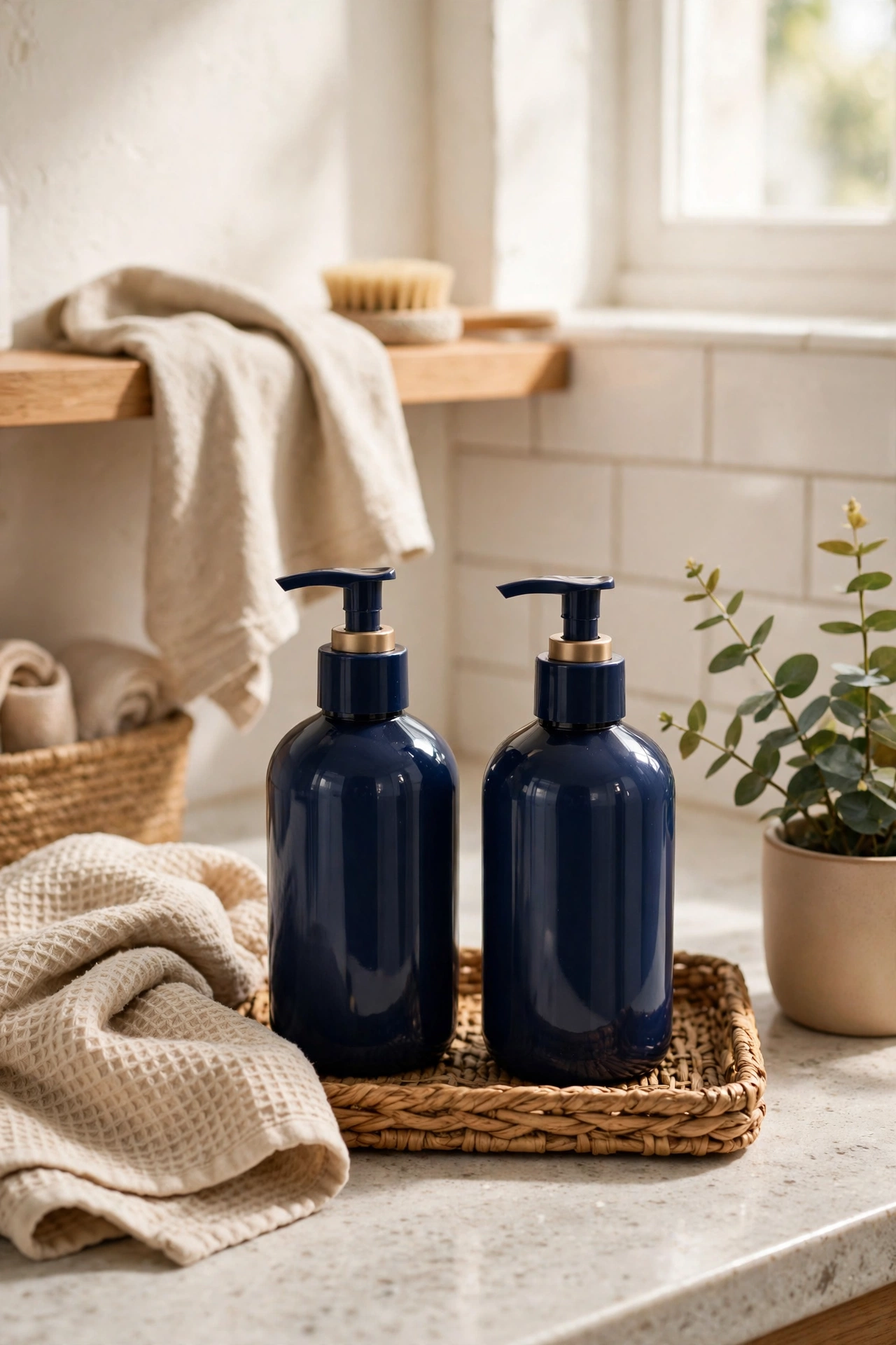 Matching navy pump bottles lined up on a bathroom shelf