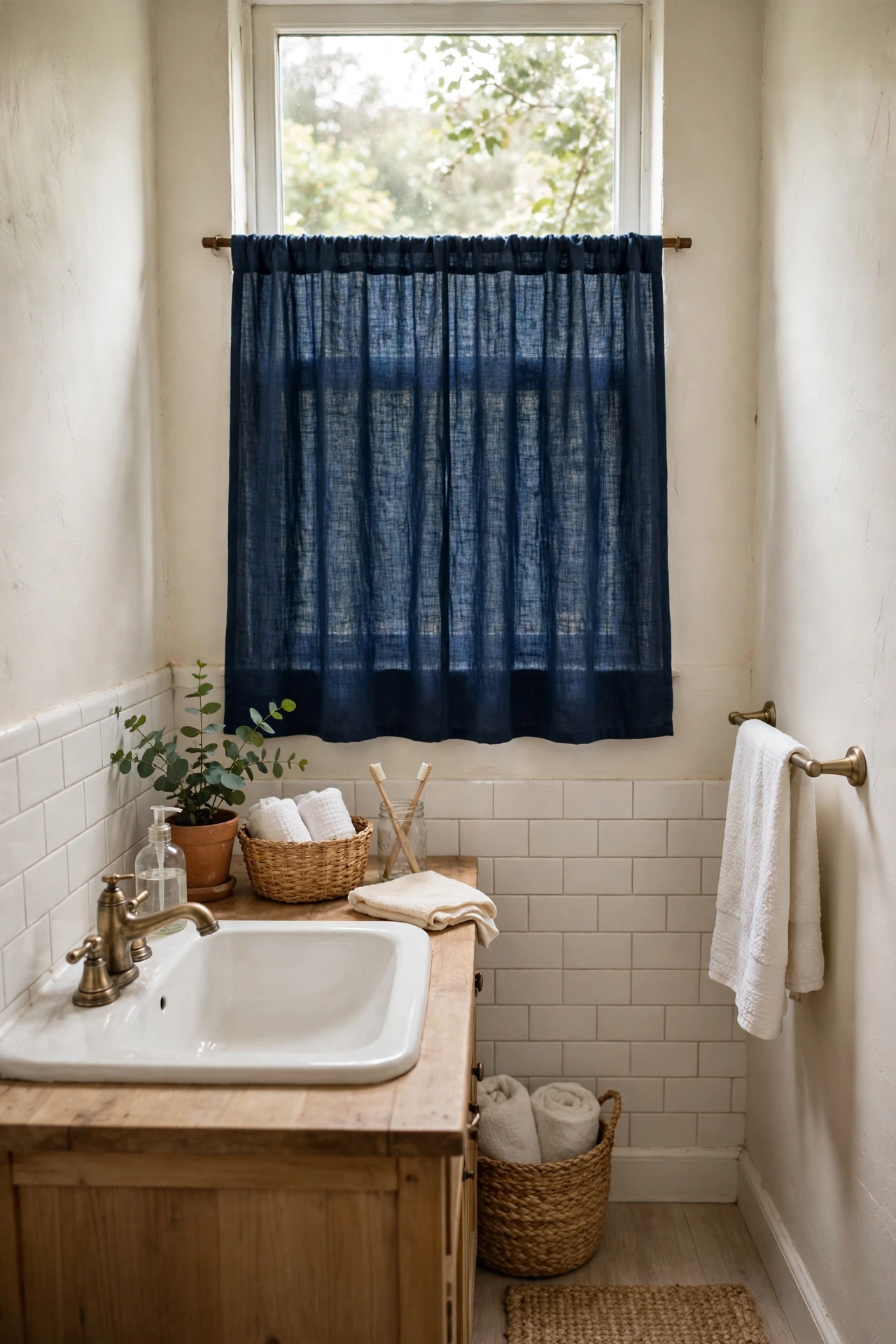 Navy linen-look cafe curtain on a bathroom window with tension rod