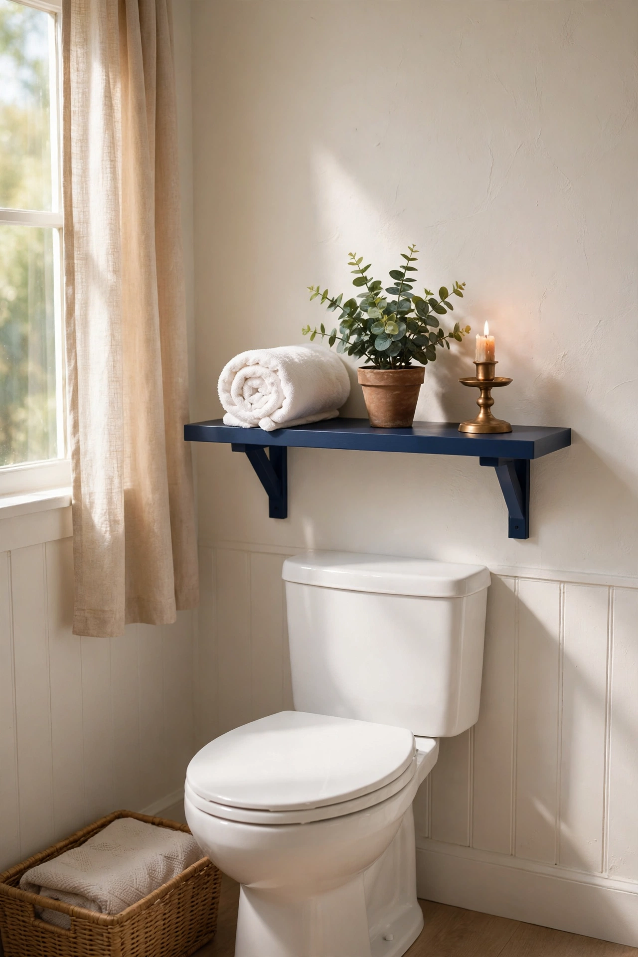 Navy floating shelf above a toilet styled with towel plant and brass candle