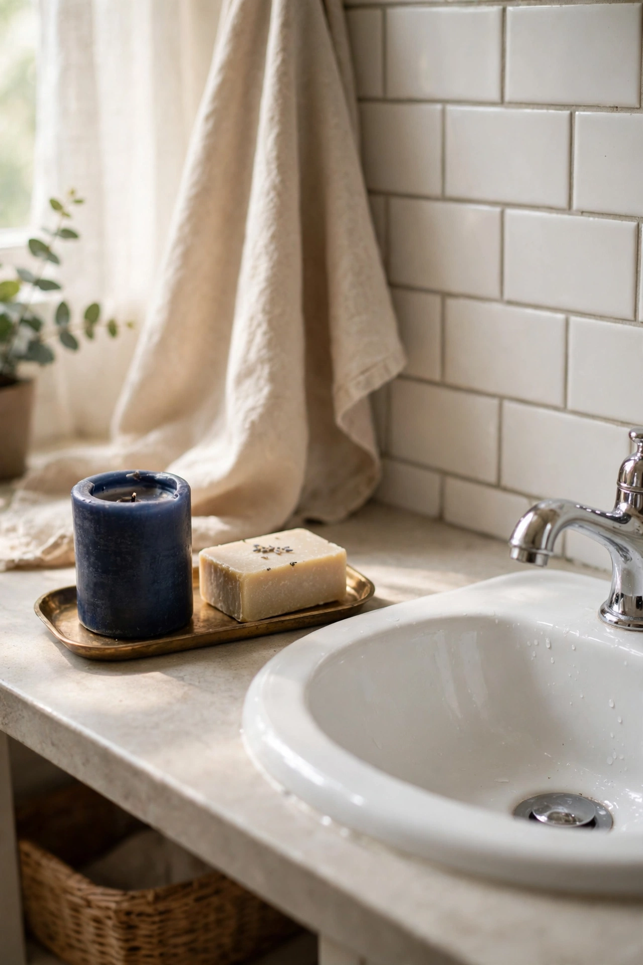 Navy candle and soap set on a brass tray by a bathroom sink