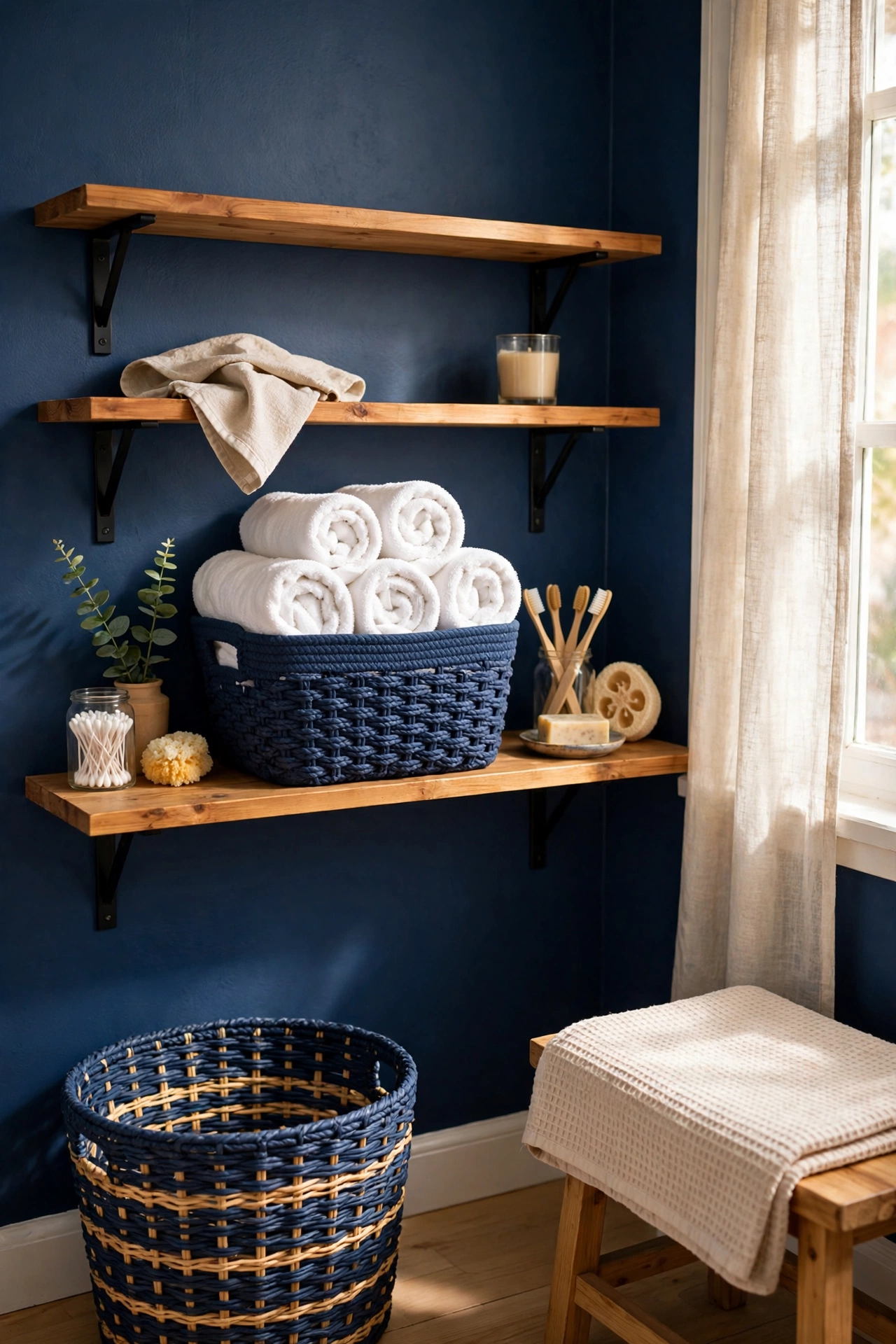 Crisp white towels rolled in a navy basket in a navy bathroom