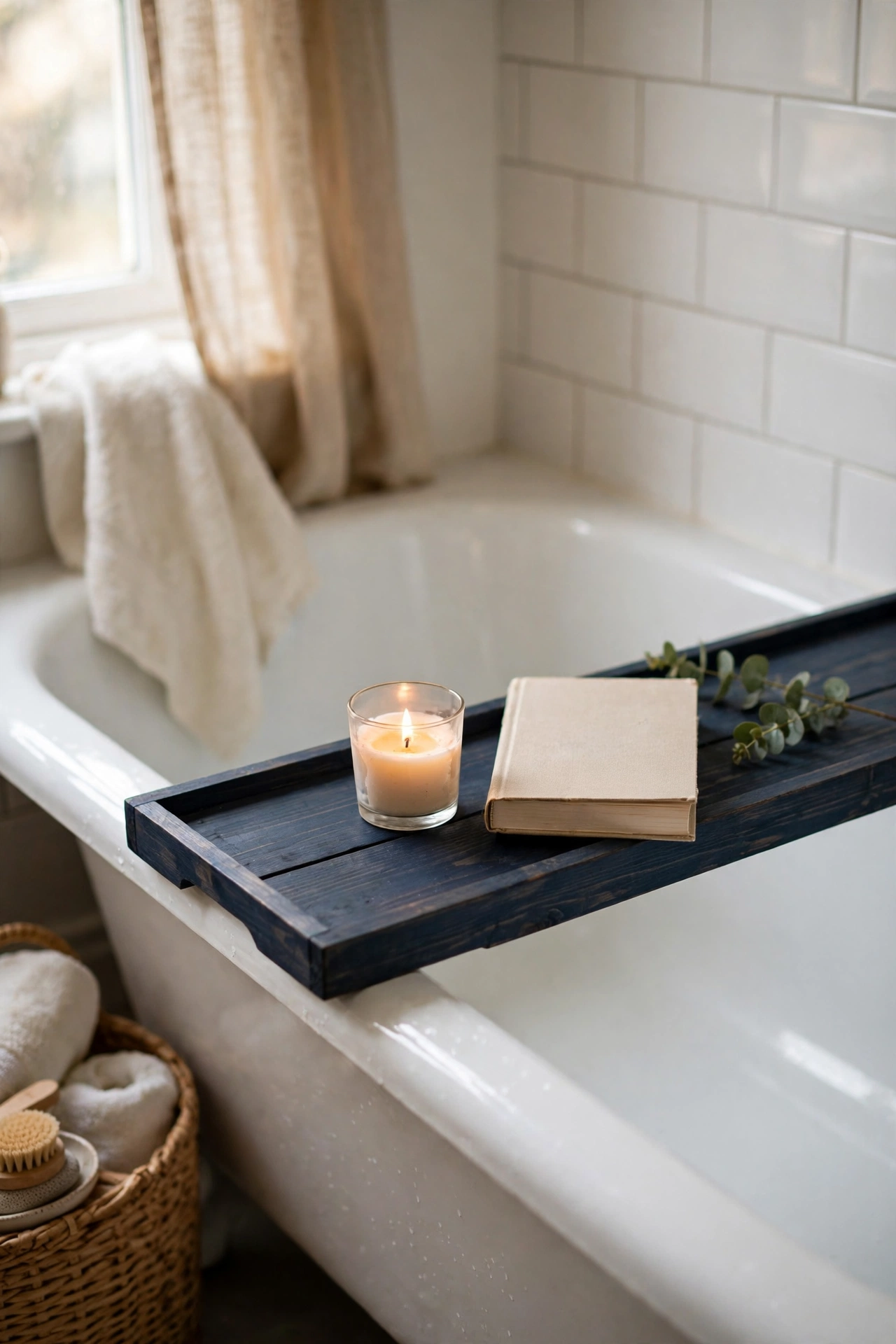 Dark navy-stained bath tray across a bathtub with candle and book