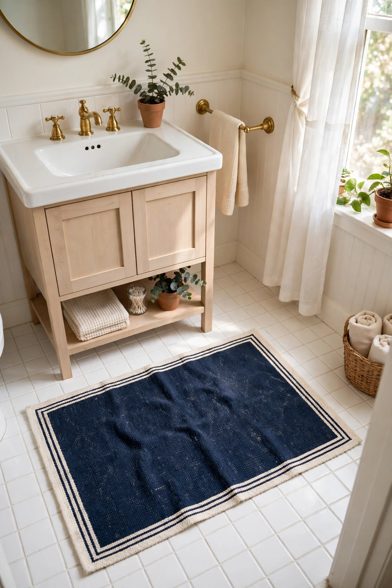 Navy flat-weave rug with cream border on a bathroom floor