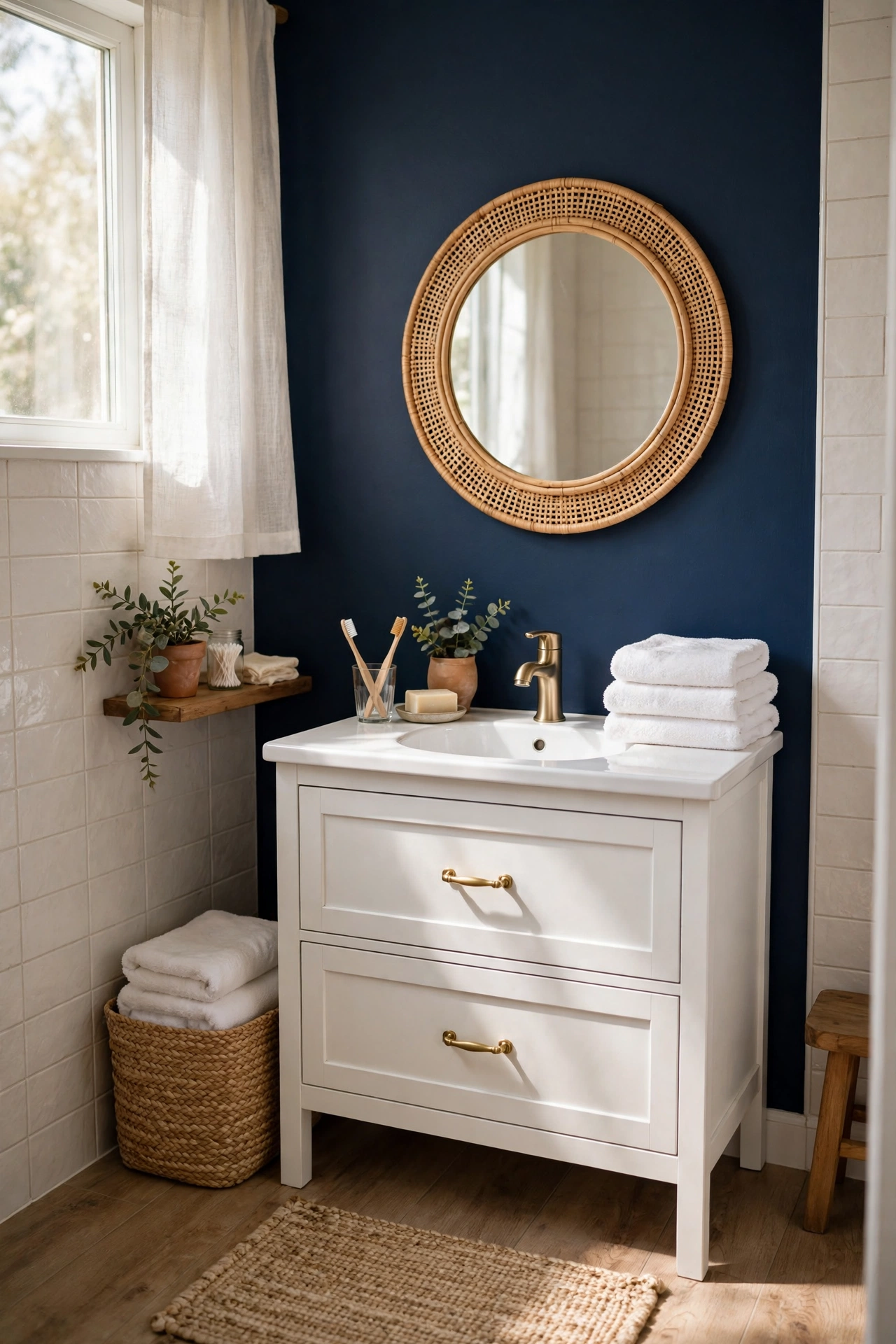 Small bathroom with one deep navy accent wall behind a white vanity and mirror