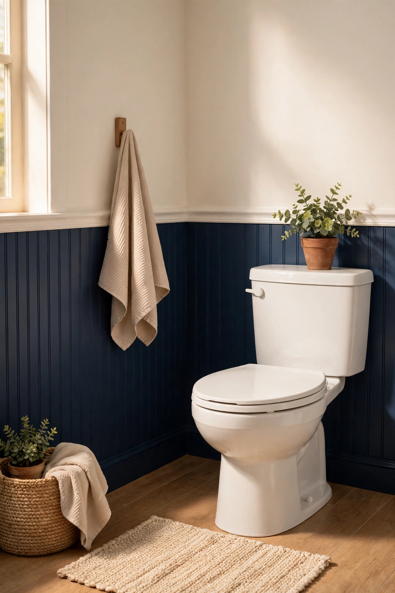 Bathroom wall with navy peel-and-stick beadboard wainscoting below white upper walls