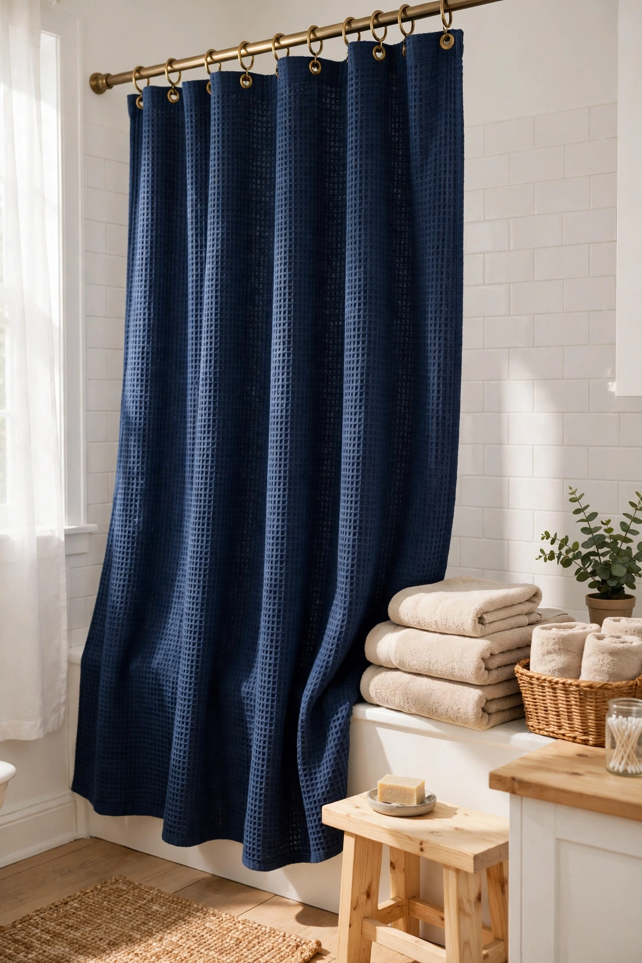 Navy waffle shower curtain with brass rings in a bright white bathroom