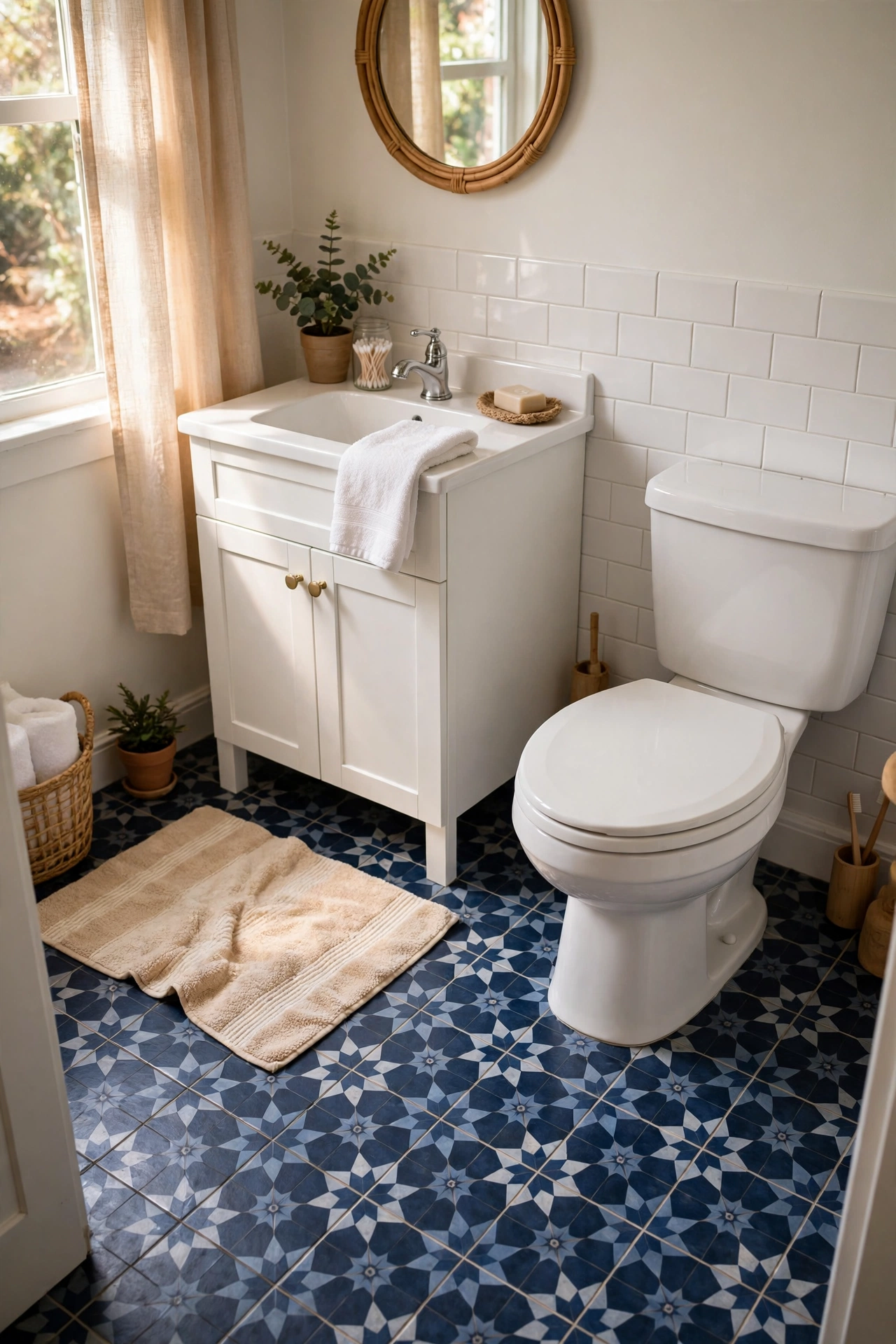 Bathroom floor covered in navy peel-and-stick tiles with white fixtures