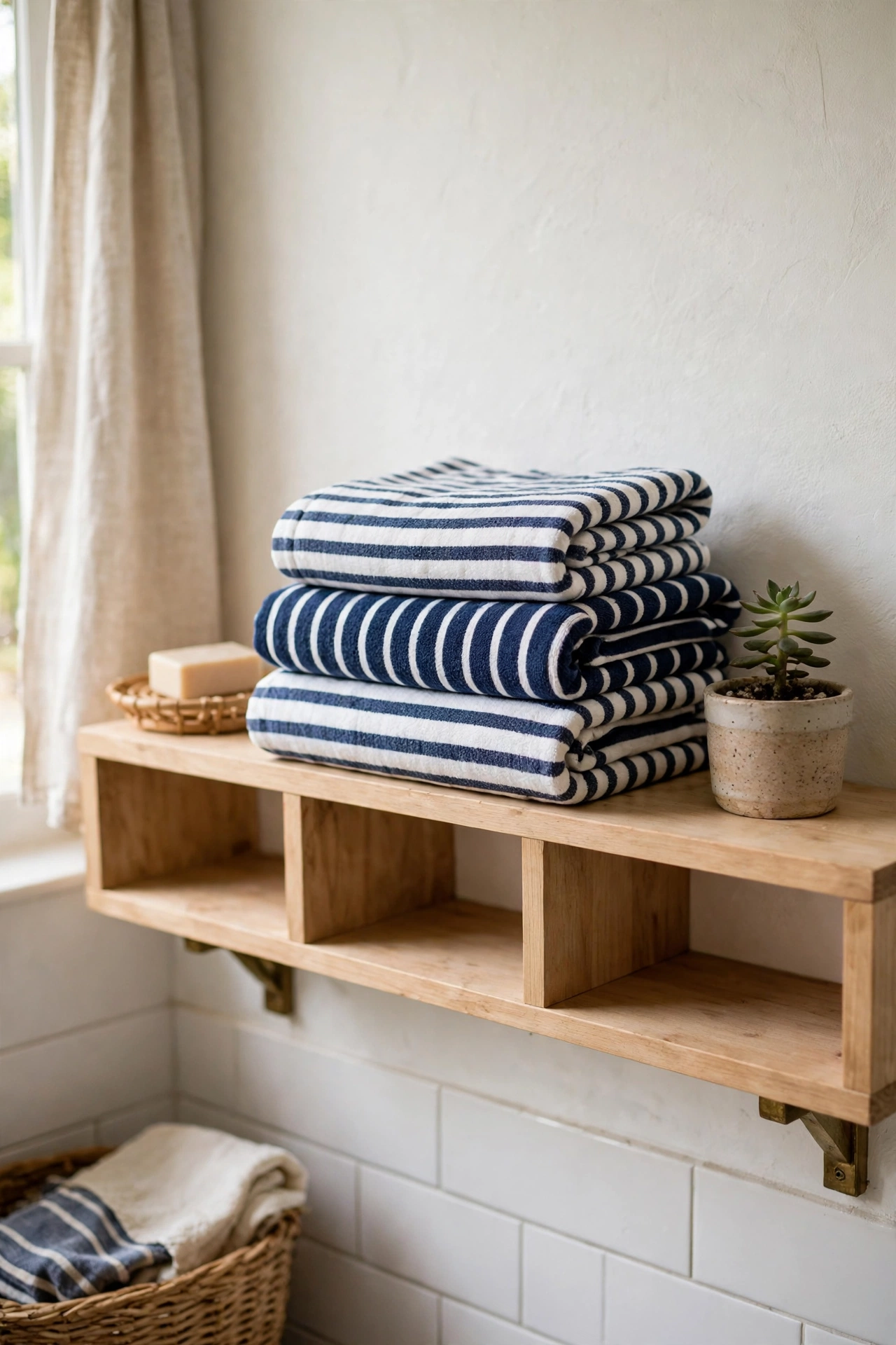 Neat stack of navy and white striped towels on a bathroom shelf