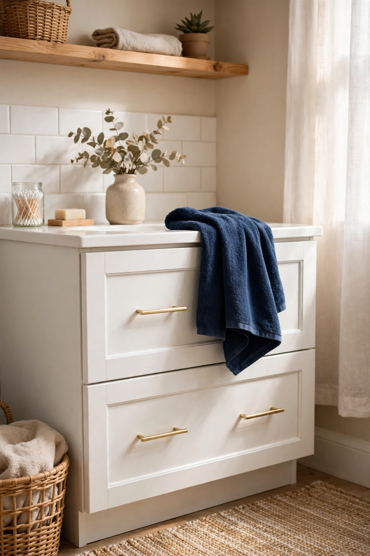 White bathroom vanity with slim brushed gold bar handles