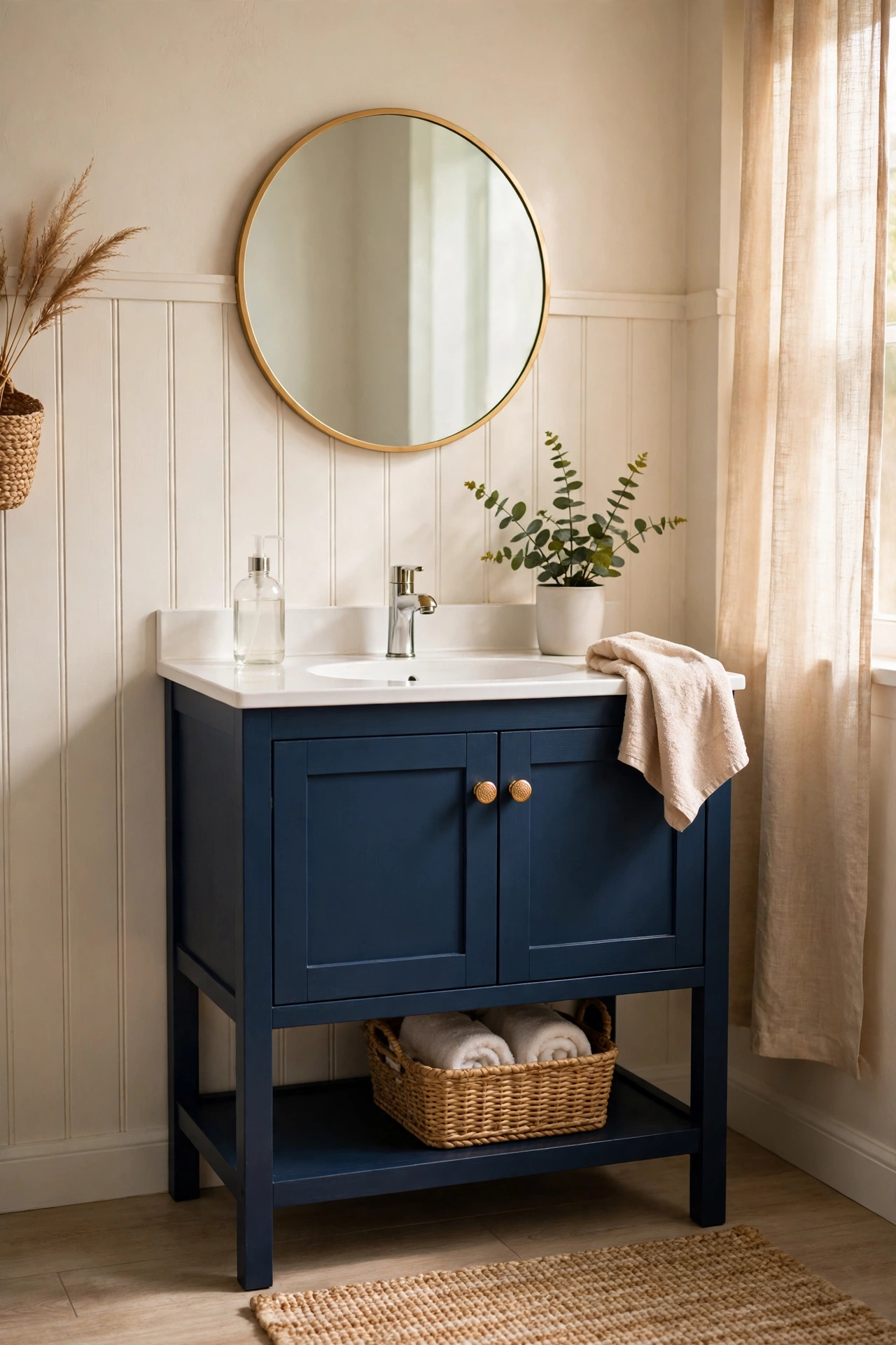 Bathroom vanity painted deep navy with gold knobs and white countertop