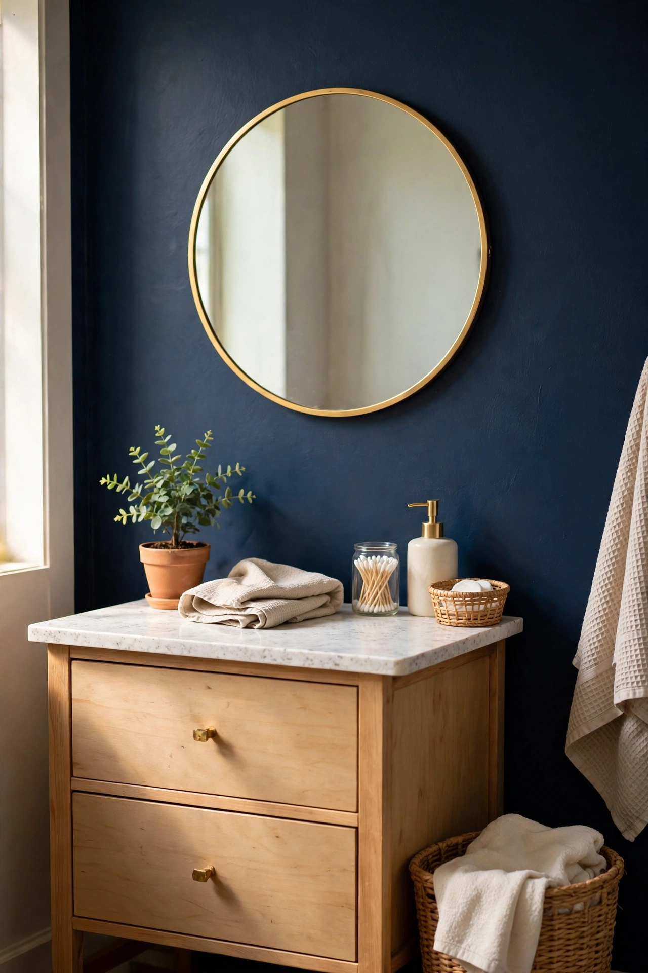 Round mirror with thin gold frame above a bathroom vanity in a navy bathroom