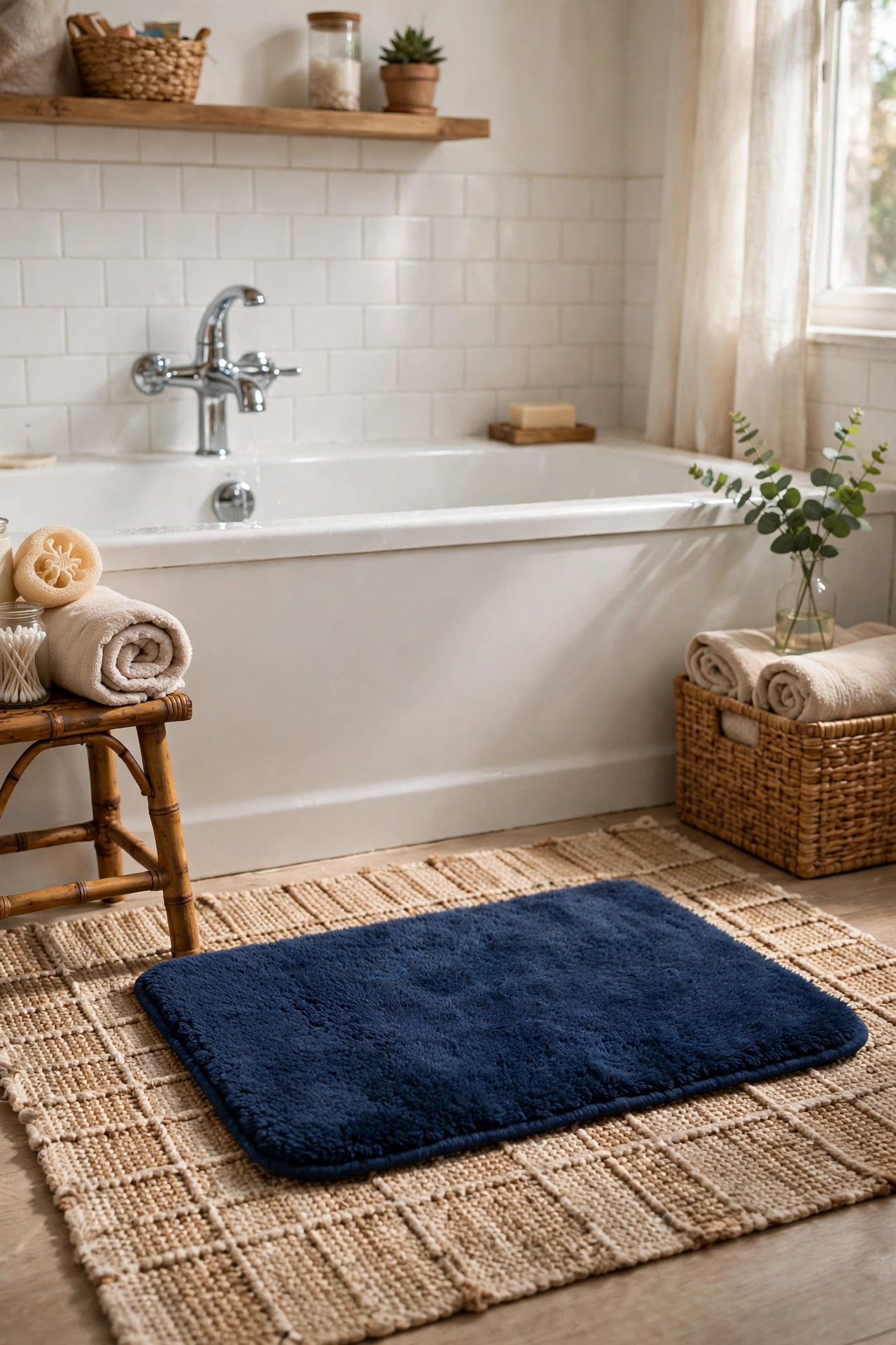 Navy bath mat layered over a natural cotton rug in front of a bathtub