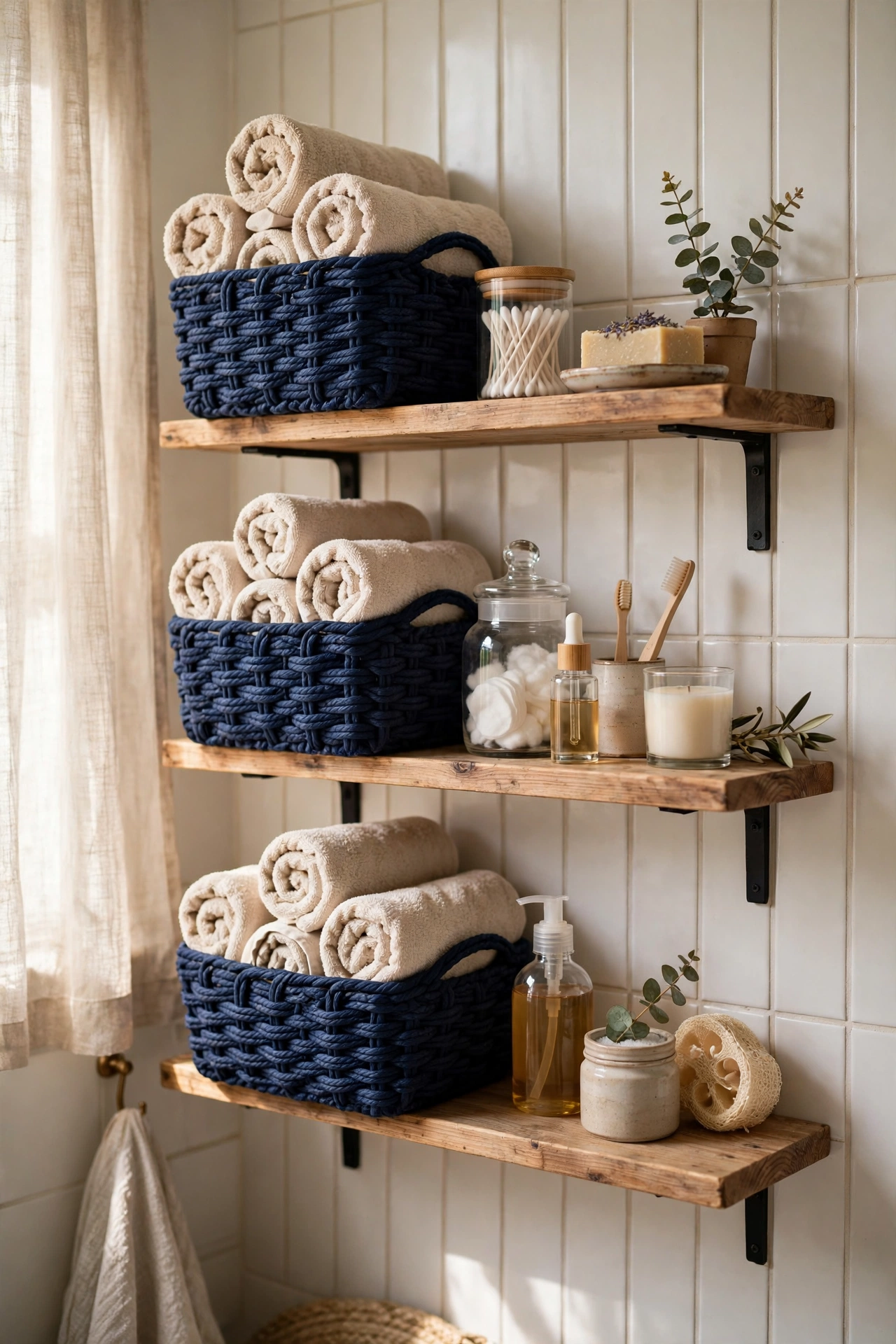 Navy woven baskets holding rolled towels and toiletries in a bathroom