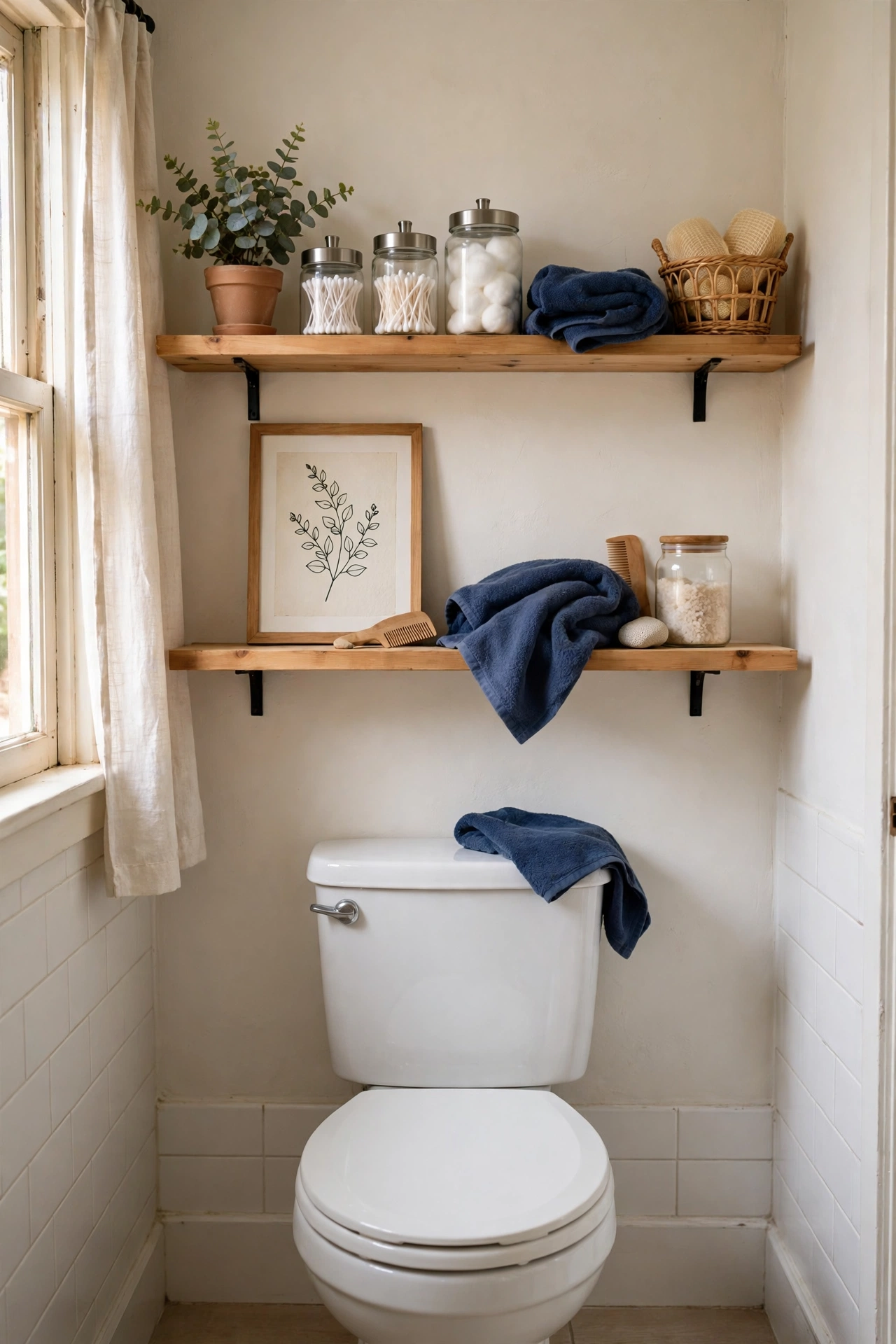 Open bathroom shelves styled with navy towel, plant, jars and framed print