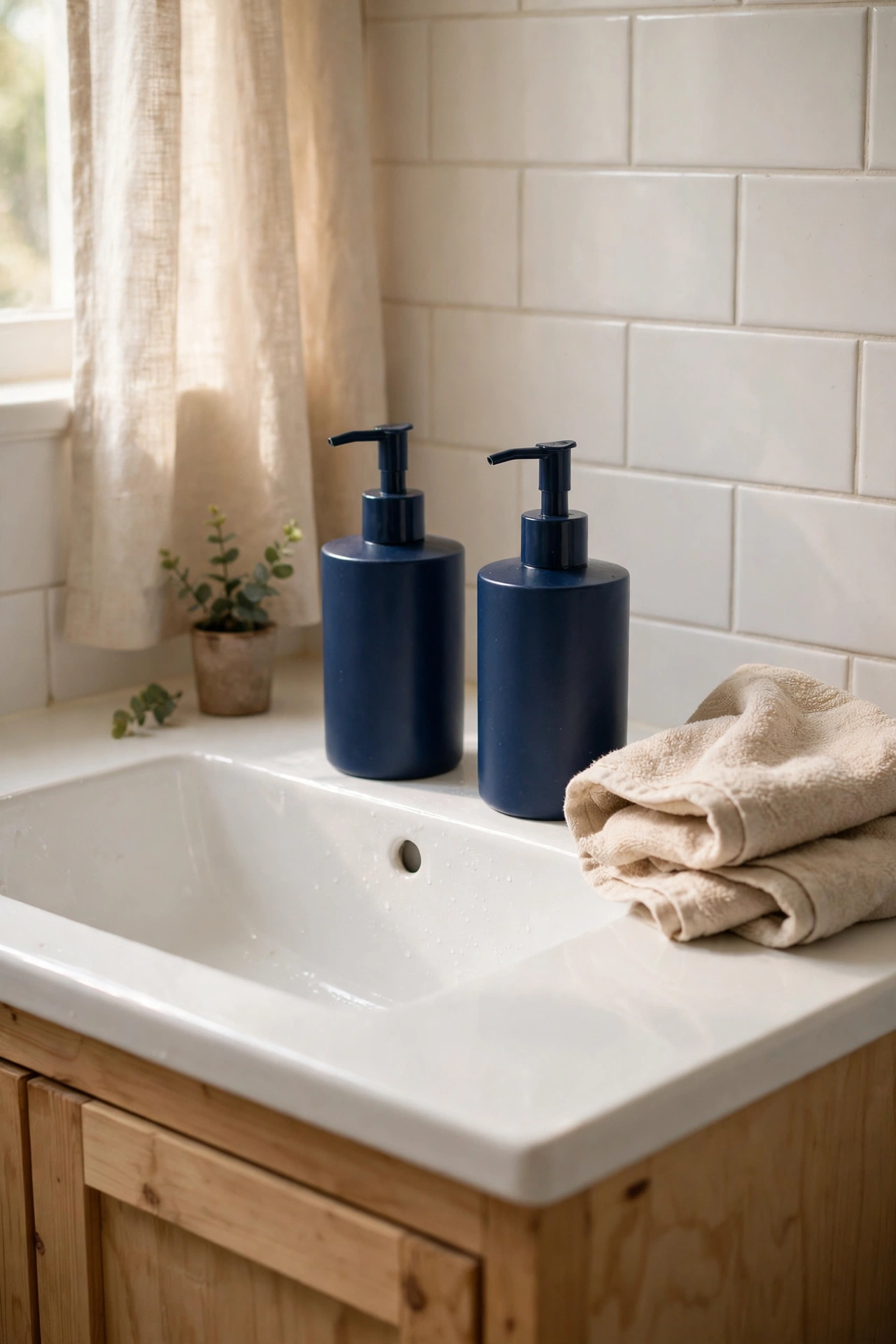 Matching navy soap dispensers on a white bathroom sink
