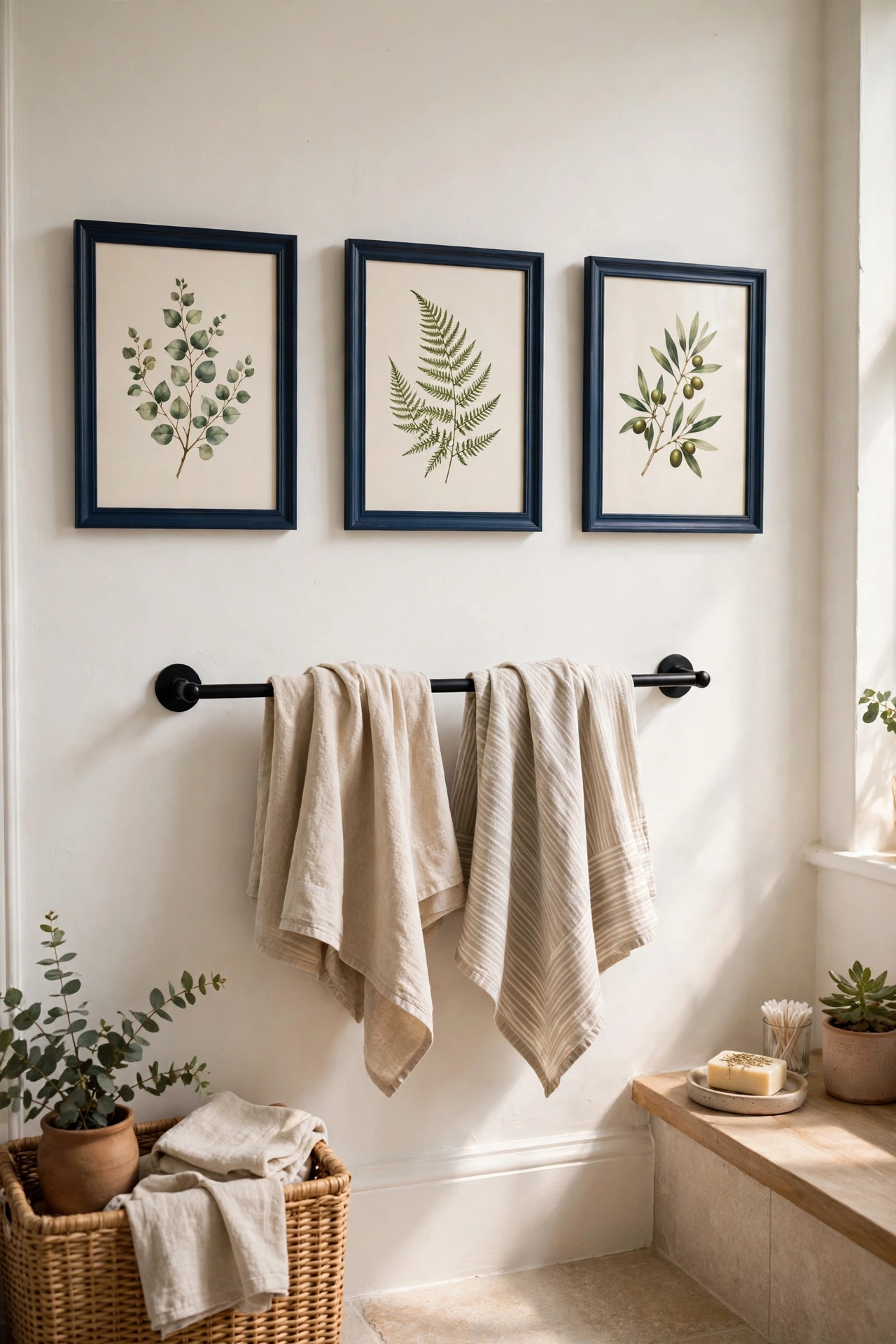 Botanical prints in navy frames hung in a row on a bathroom wall