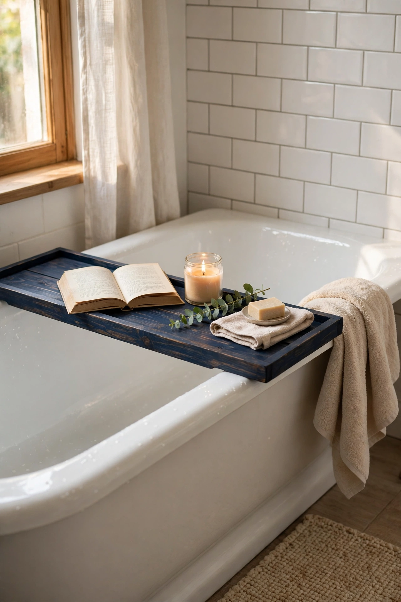 Navy-stained wooden bath tray with book and candle across a bathtub