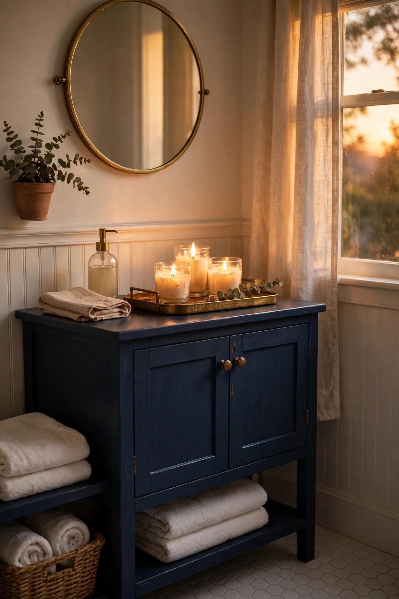 Navy bathroom vanity with brass tray and lit jar candles in the evening