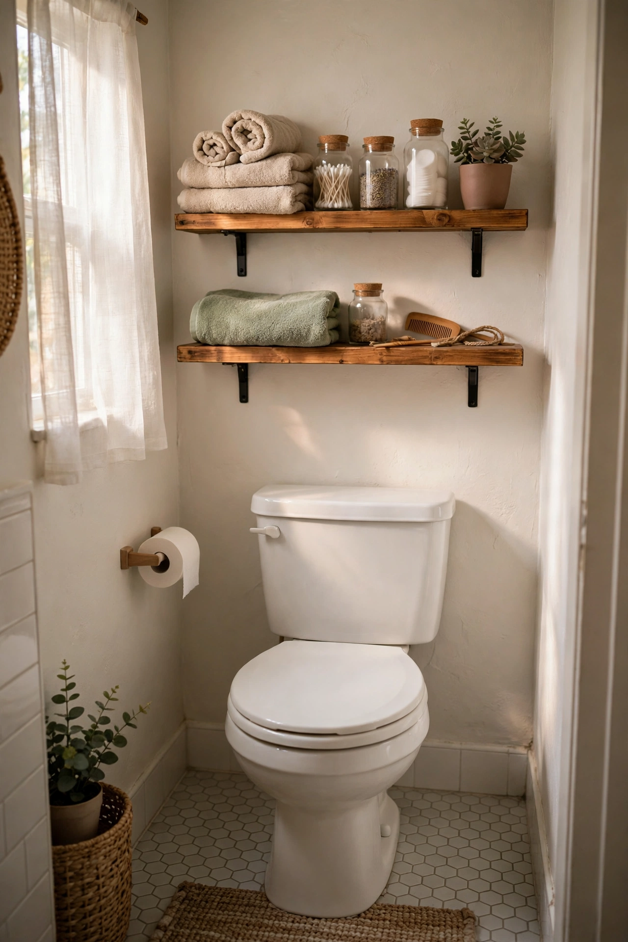 Two wooden shelves above a toilet holding towels, jars and a plant in a tiny bathroom