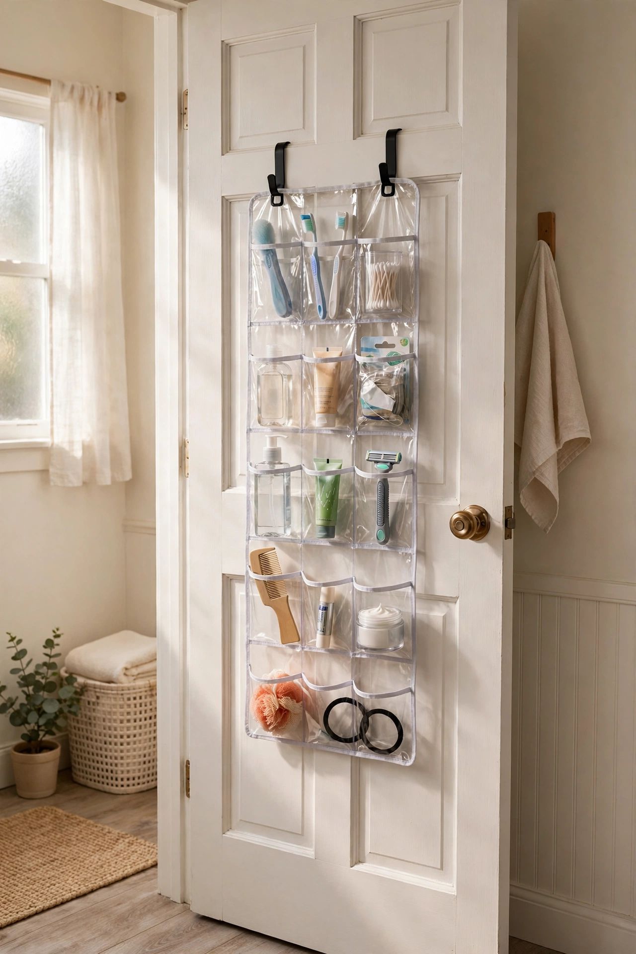 Over-door organizer with clear pockets holding toiletries on a bathroom door