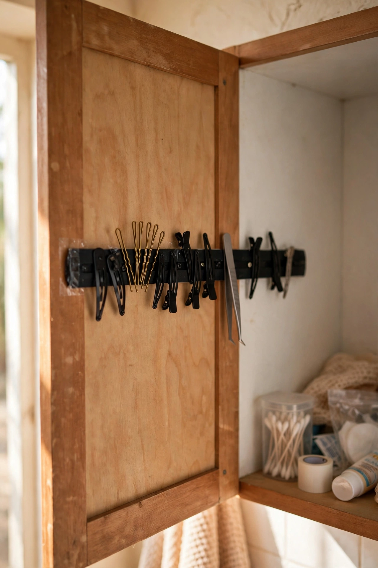 Magnetic strip inside a bathroom cabinet door holding bobby pins and clips